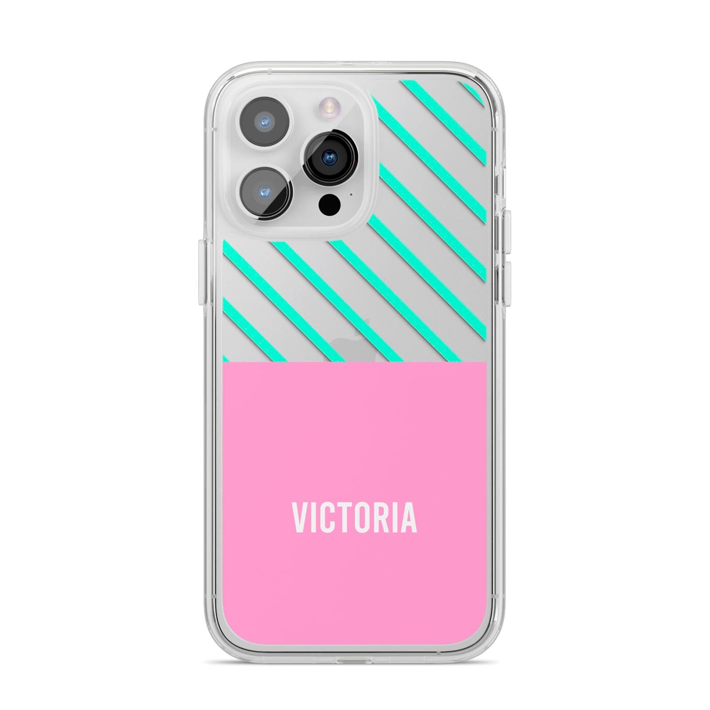 Personalised Pink Aqua Striped iPhone 14 Pro Max Clear Tough Case Silver