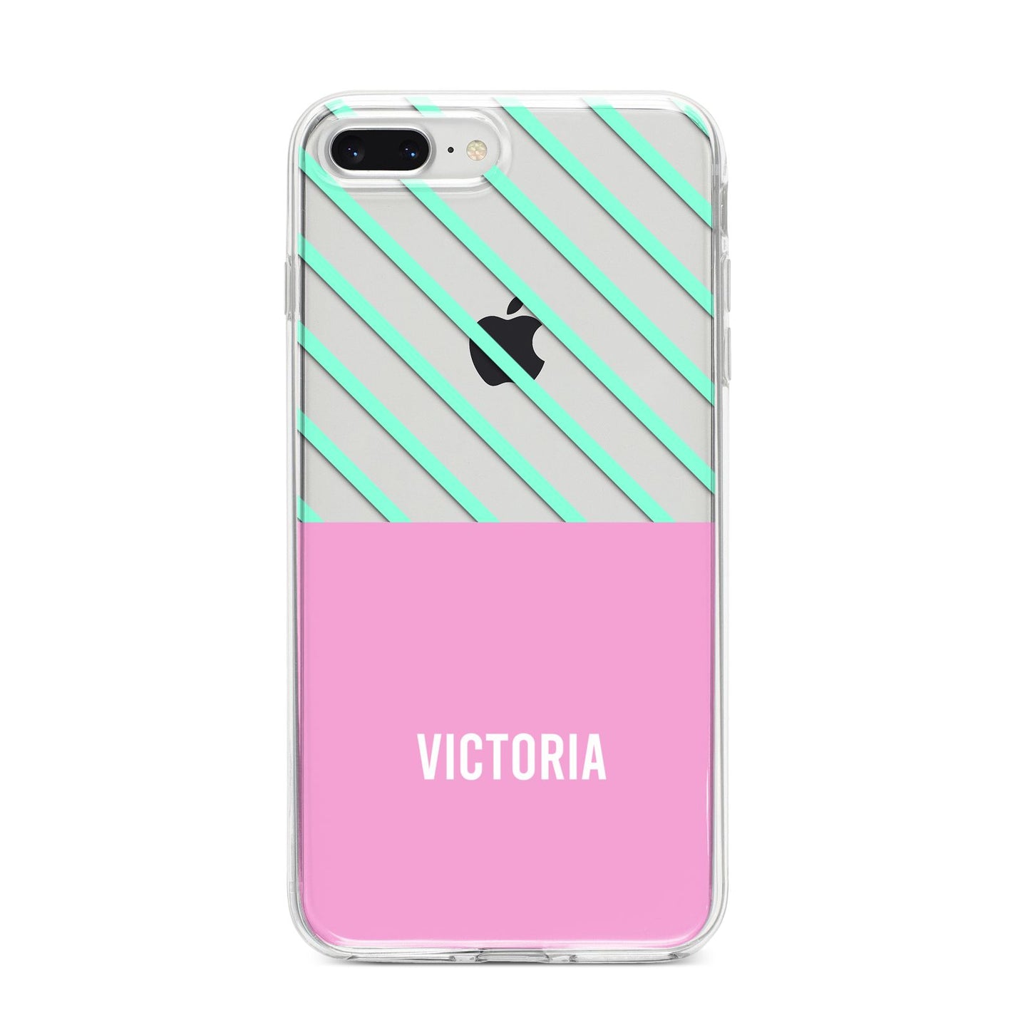 Personalised Pink Aqua Striped iPhone 8 Plus Bumper Case on Silver iPhone