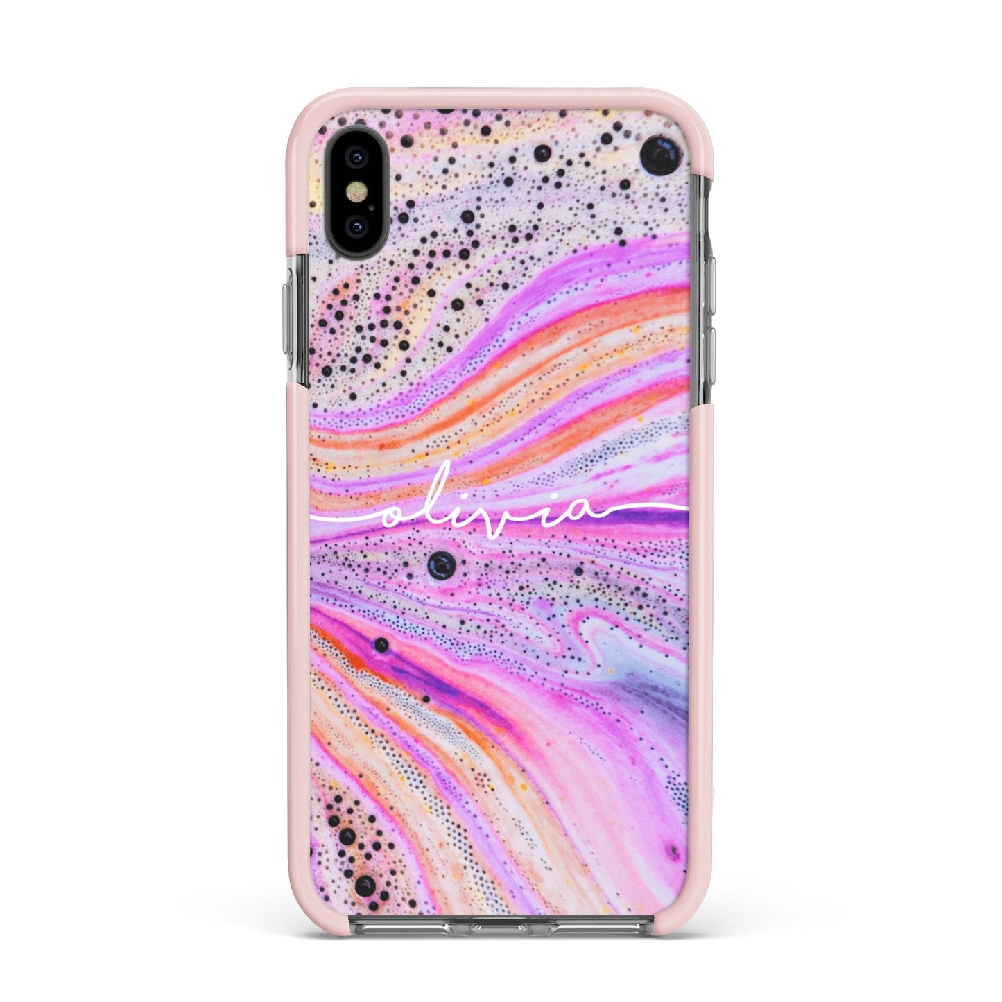 Personalised Pink Bath Bomb Apple iPhone Xs Max Impact Case Pink Edge on Black Phone