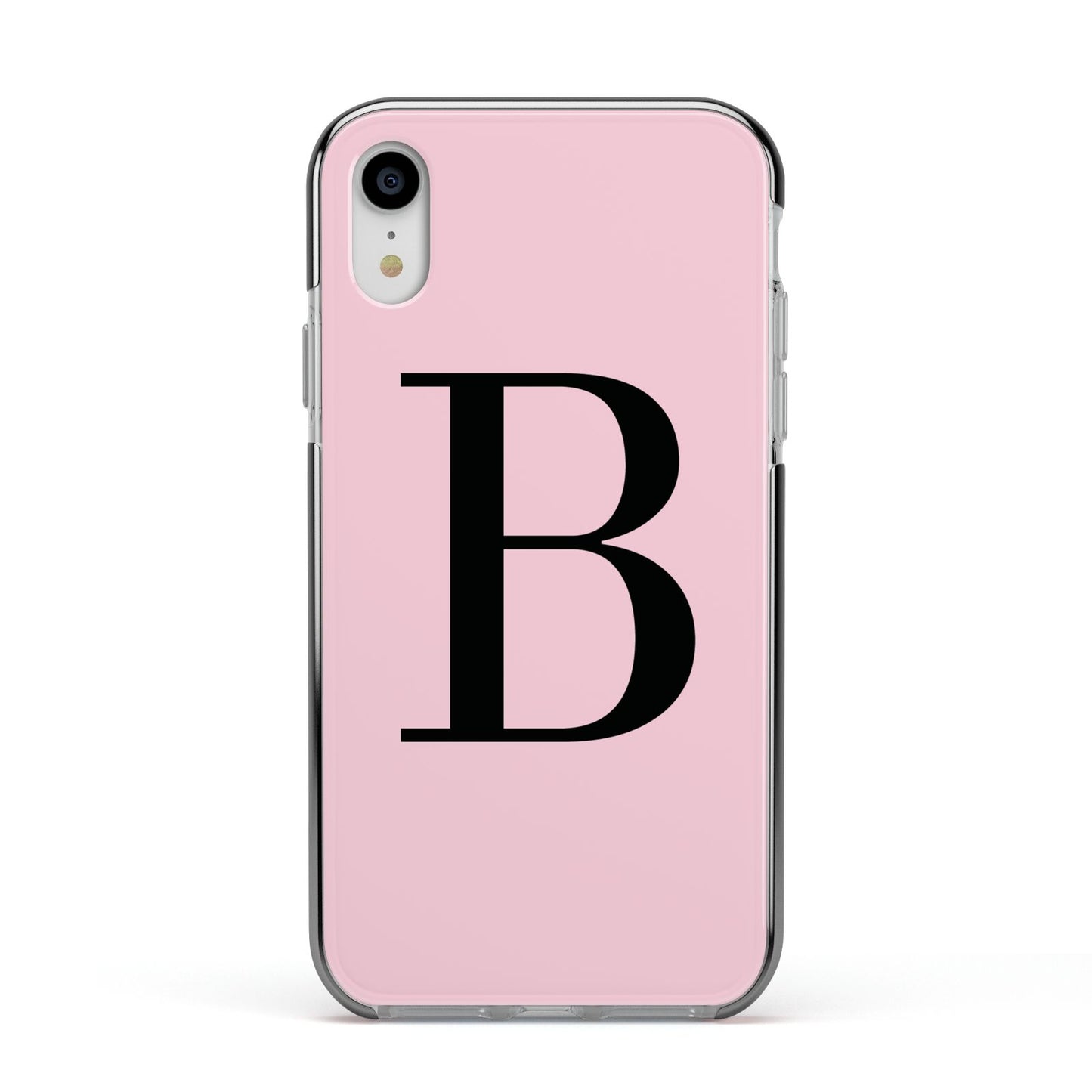 Personalised Pink Black Initial Apple iPhone XR Impact Case Black Edge on Silver Phone