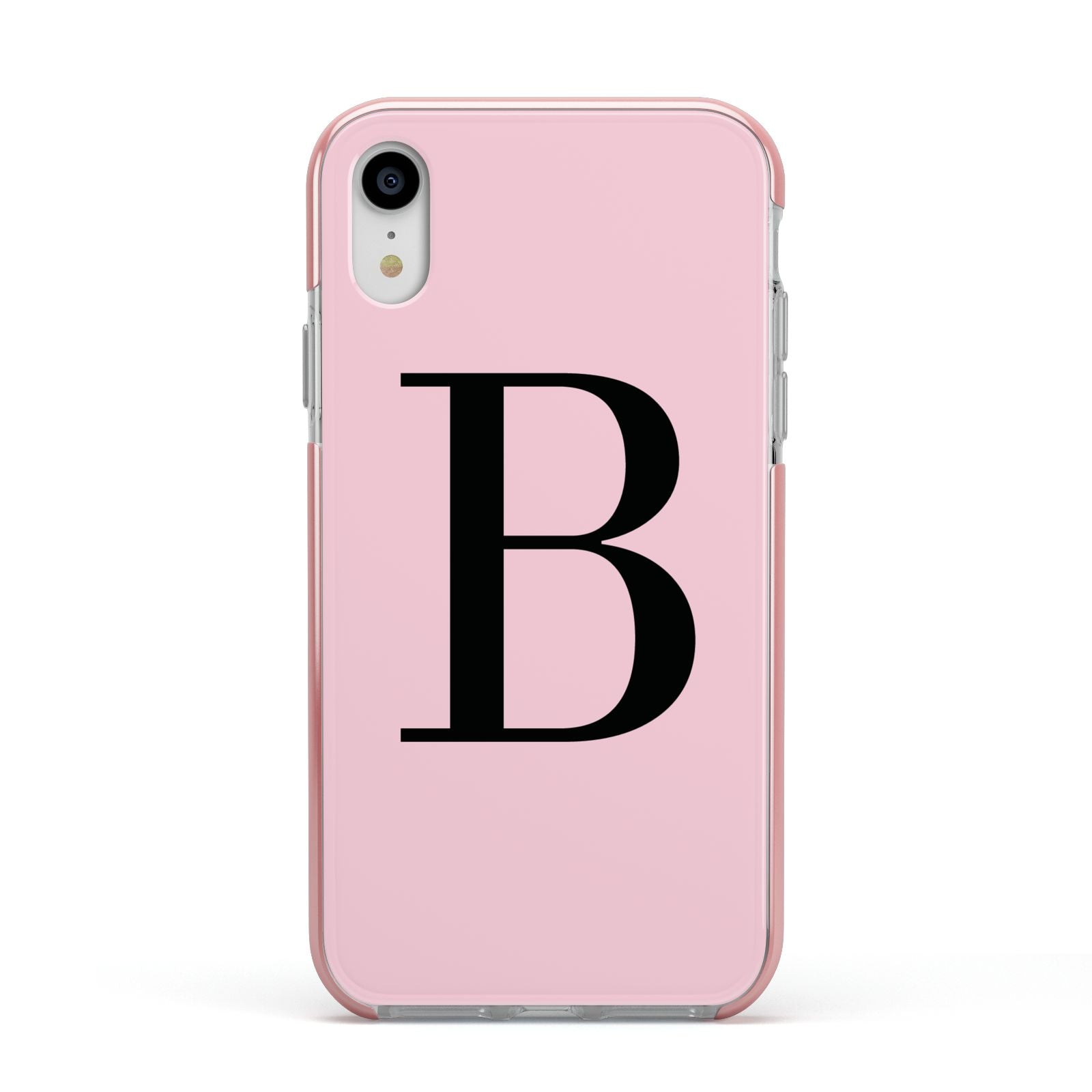 Personalised Pink Black Initial Apple iPhone XR Impact Case Pink Edge on Silver Phone