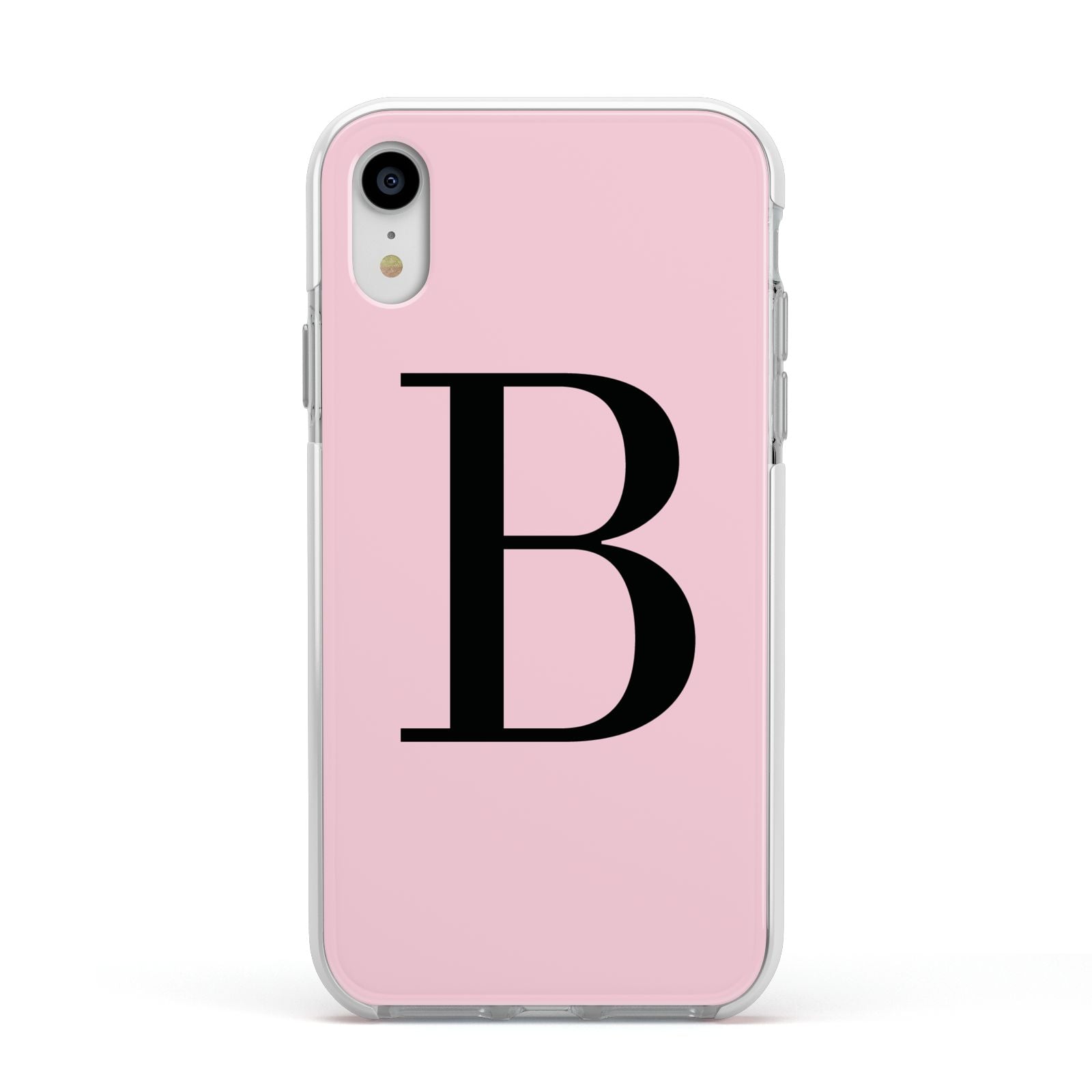 Personalised Pink Black Initial Apple iPhone XR Impact Case White Edge on Silver Phone