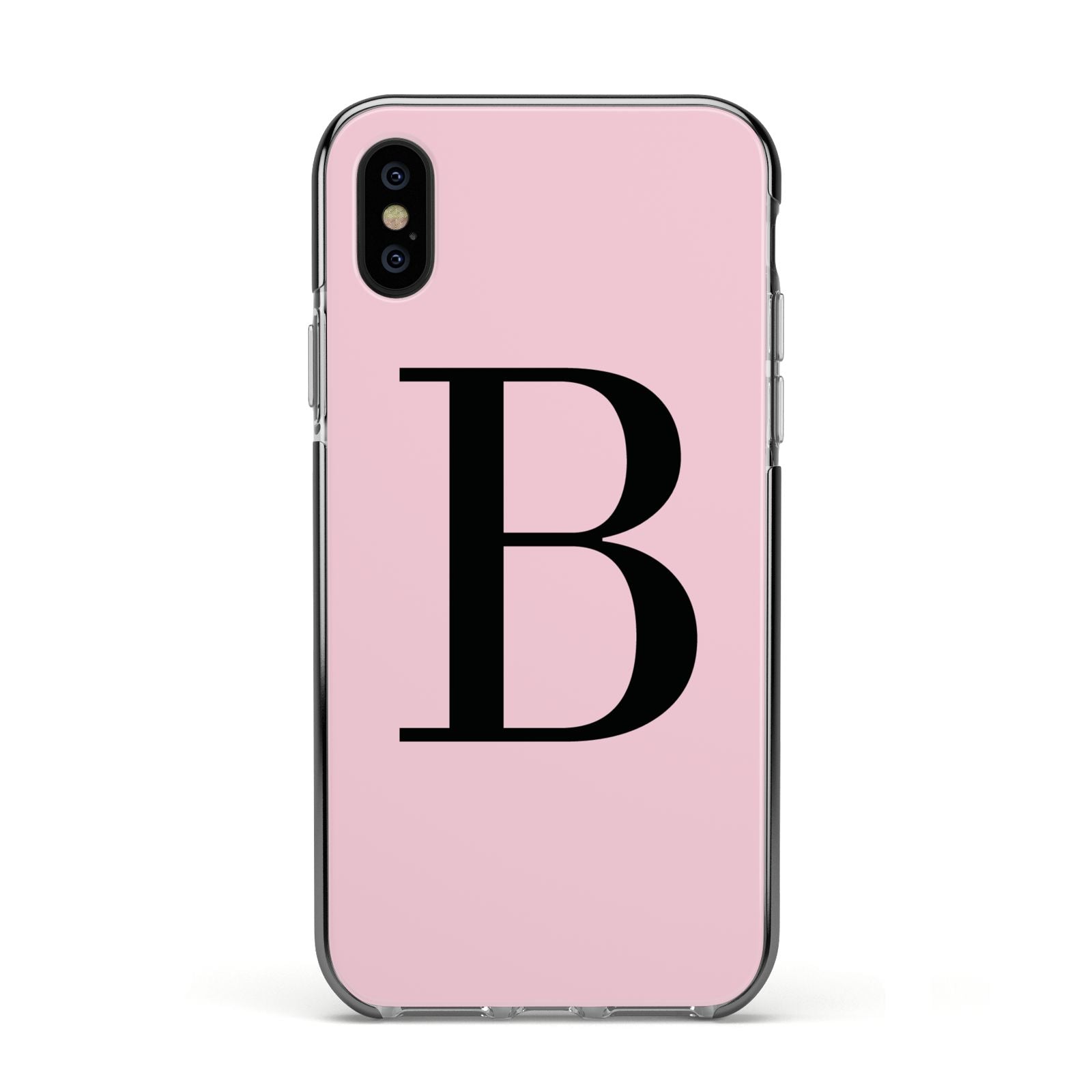 Personalised Pink Black Initial Apple iPhone Xs Impact Case Black Edge on Black Phone