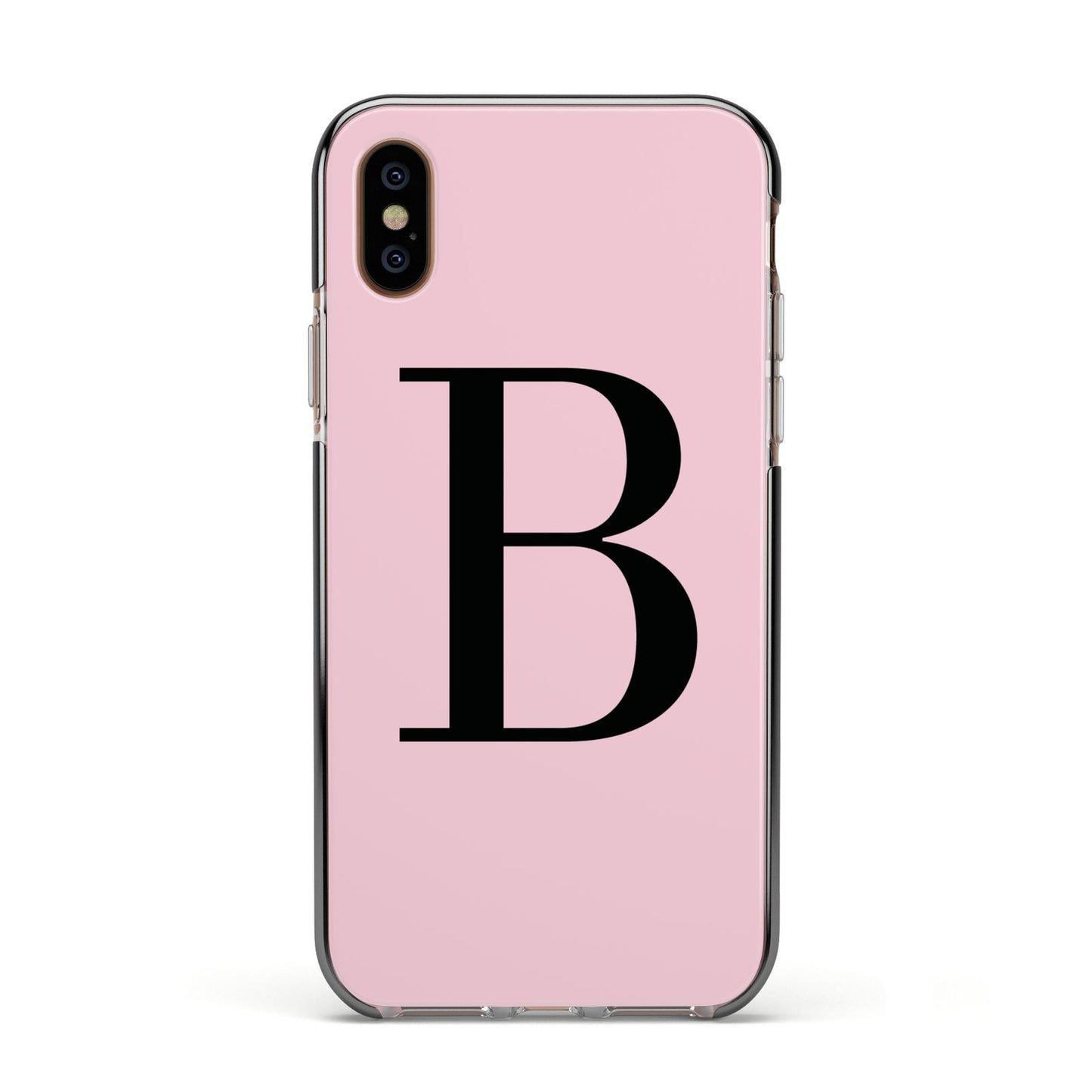 Personalised Pink Black Initial Apple iPhone Xs Impact Case Black Edge on Gold Phone