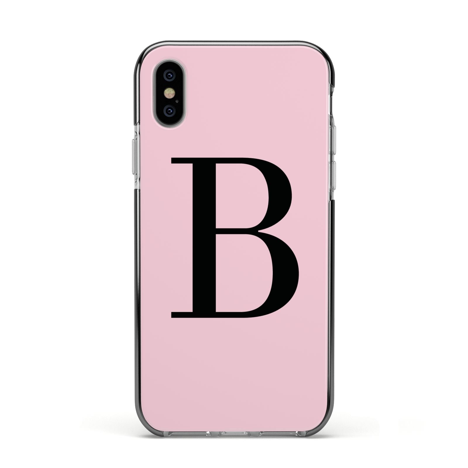 Personalised Pink Black Initial Apple iPhone Xs Impact Case Black Edge on Silver Phone