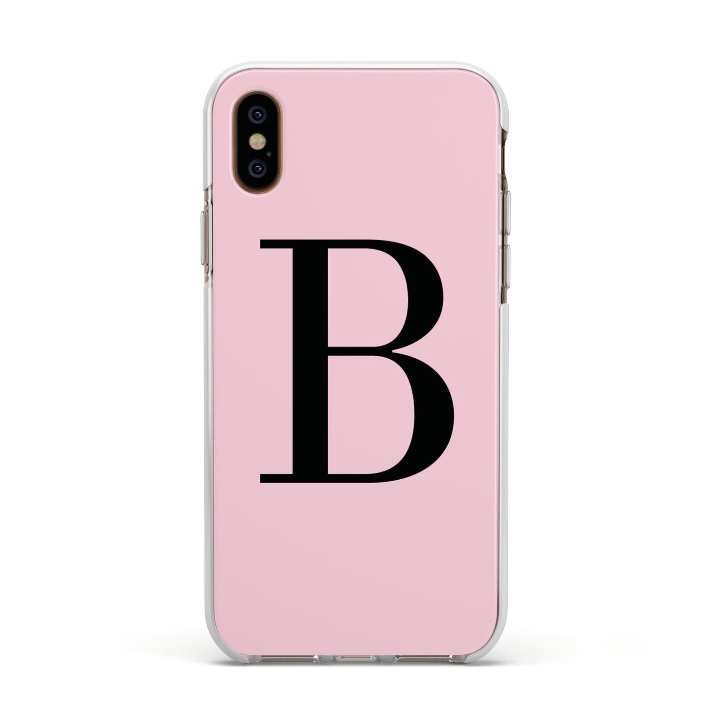 Personalised Pink Black Initial Apple iPhone Xs Impact Case White Edge on Gold Phone