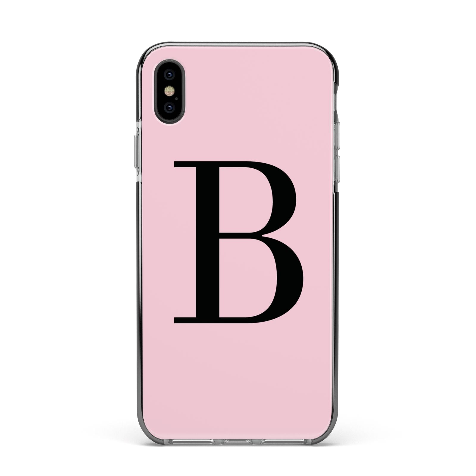 Personalised Pink Black Initial Apple iPhone Xs Max Impact Case Black Edge on Black Phone