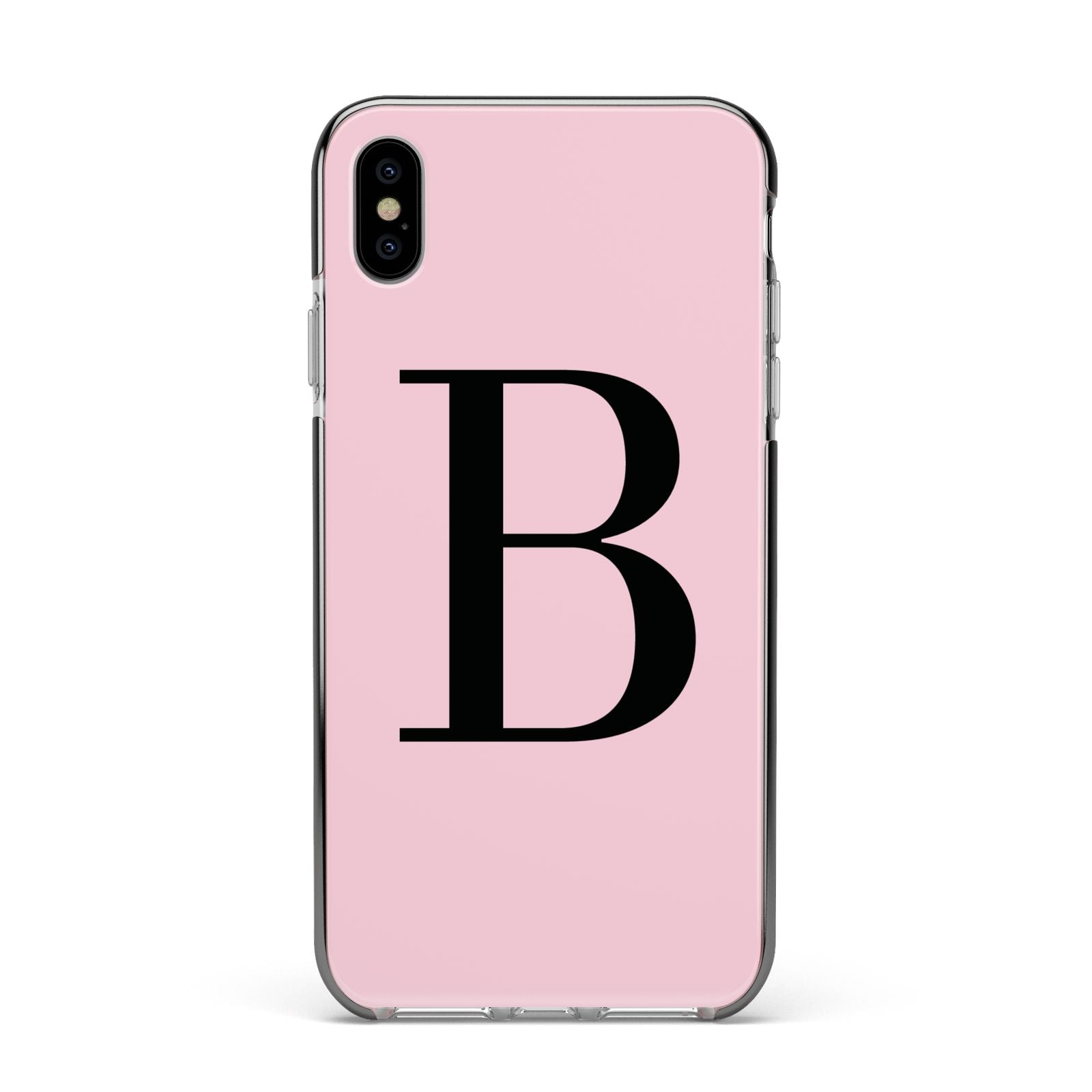 Personalised Pink Black Initial Apple iPhone Xs Max Impact Case Black Edge on Silver Phone