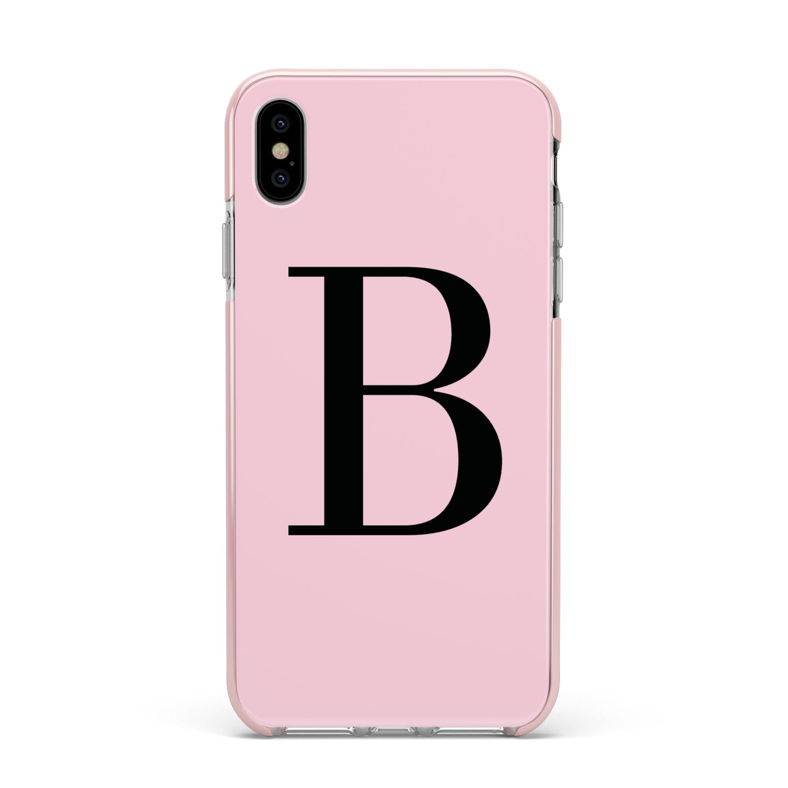 Personalised Pink Black Initial Apple iPhone Xs Max Impact Case Pink Edge on Silver Phone