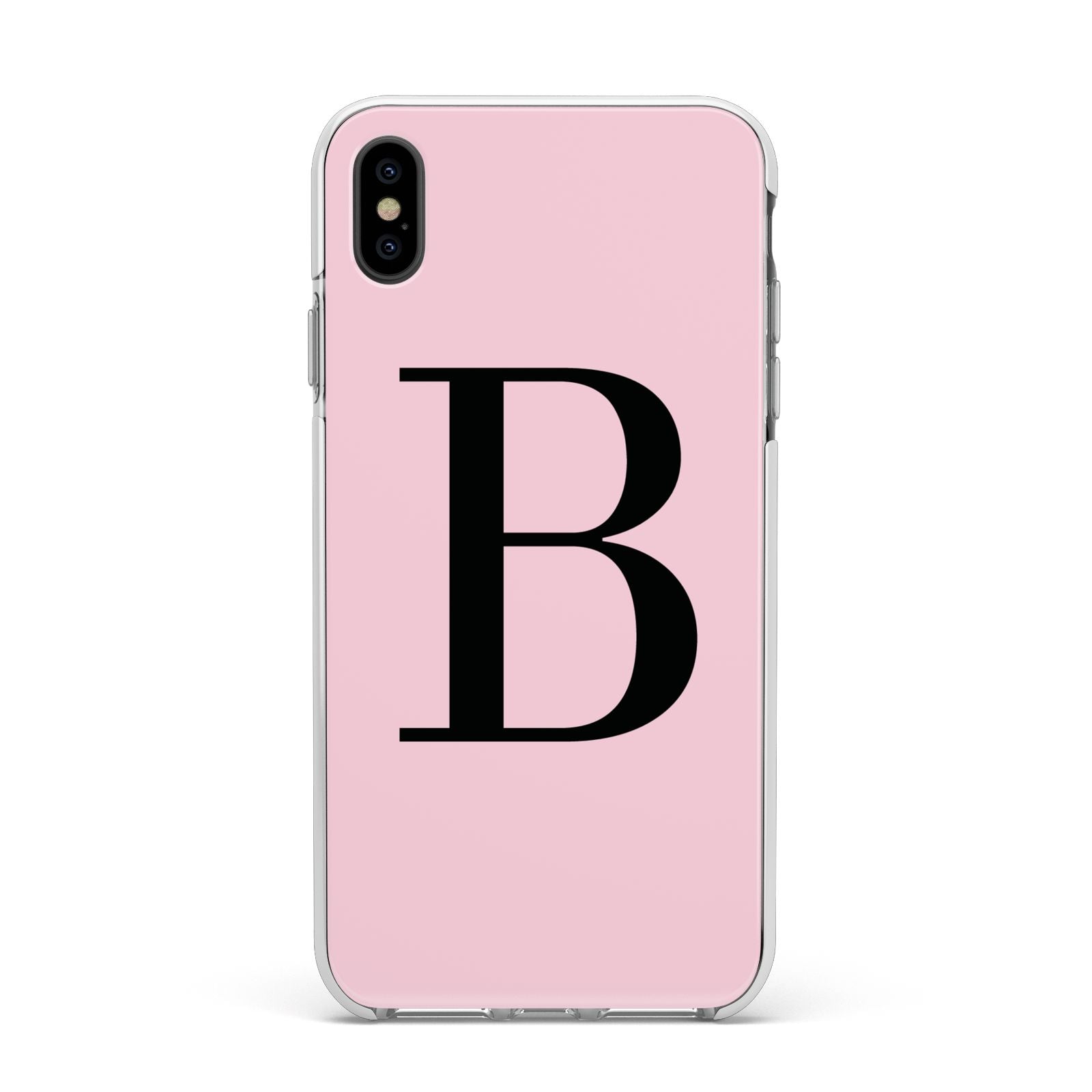 Personalised Pink Black Initial Apple iPhone Xs Max Impact Case White Edge on Black Phone