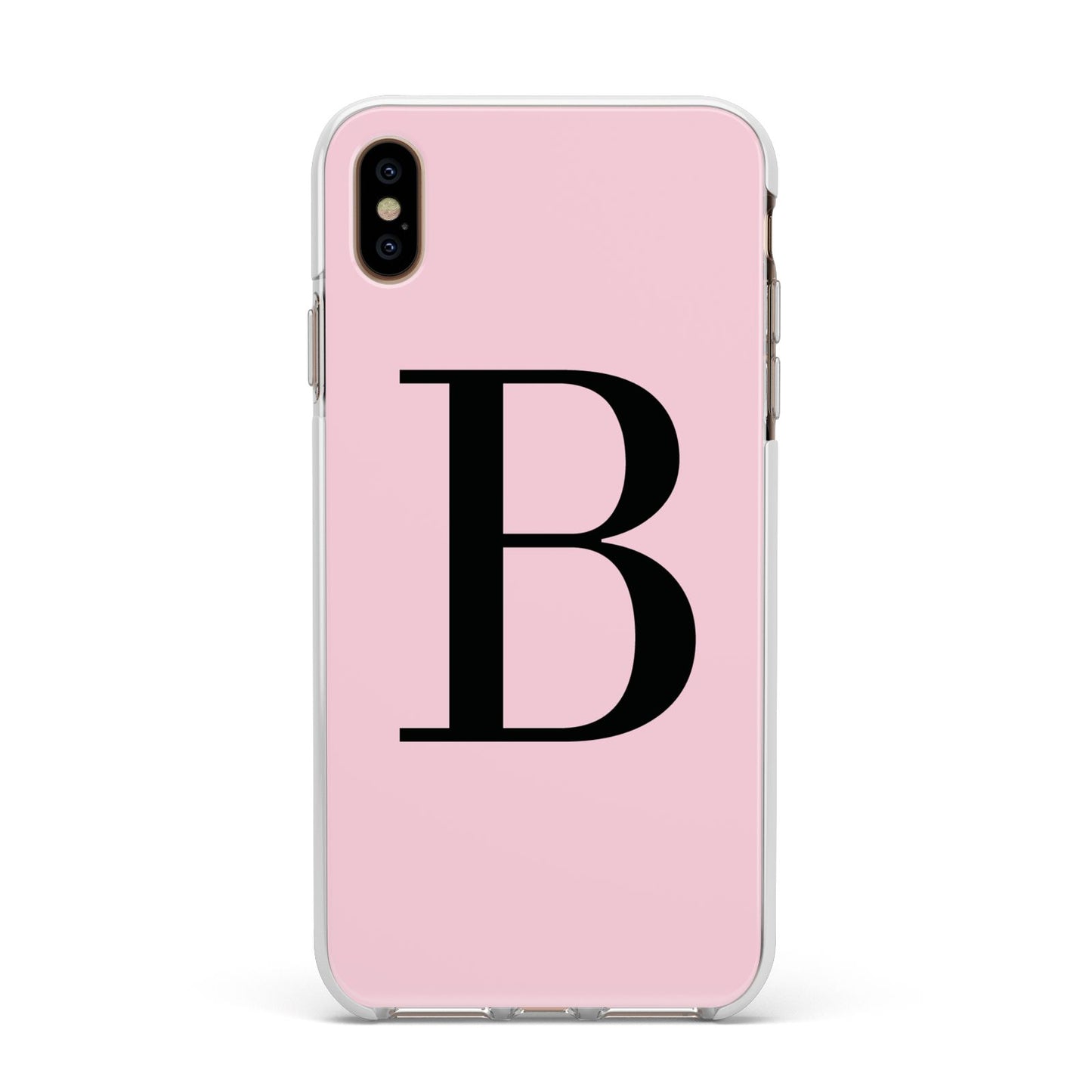 Personalised Pink Black Initial Apple iPhone Xs Max Impact Case White Edge on Gold Phone