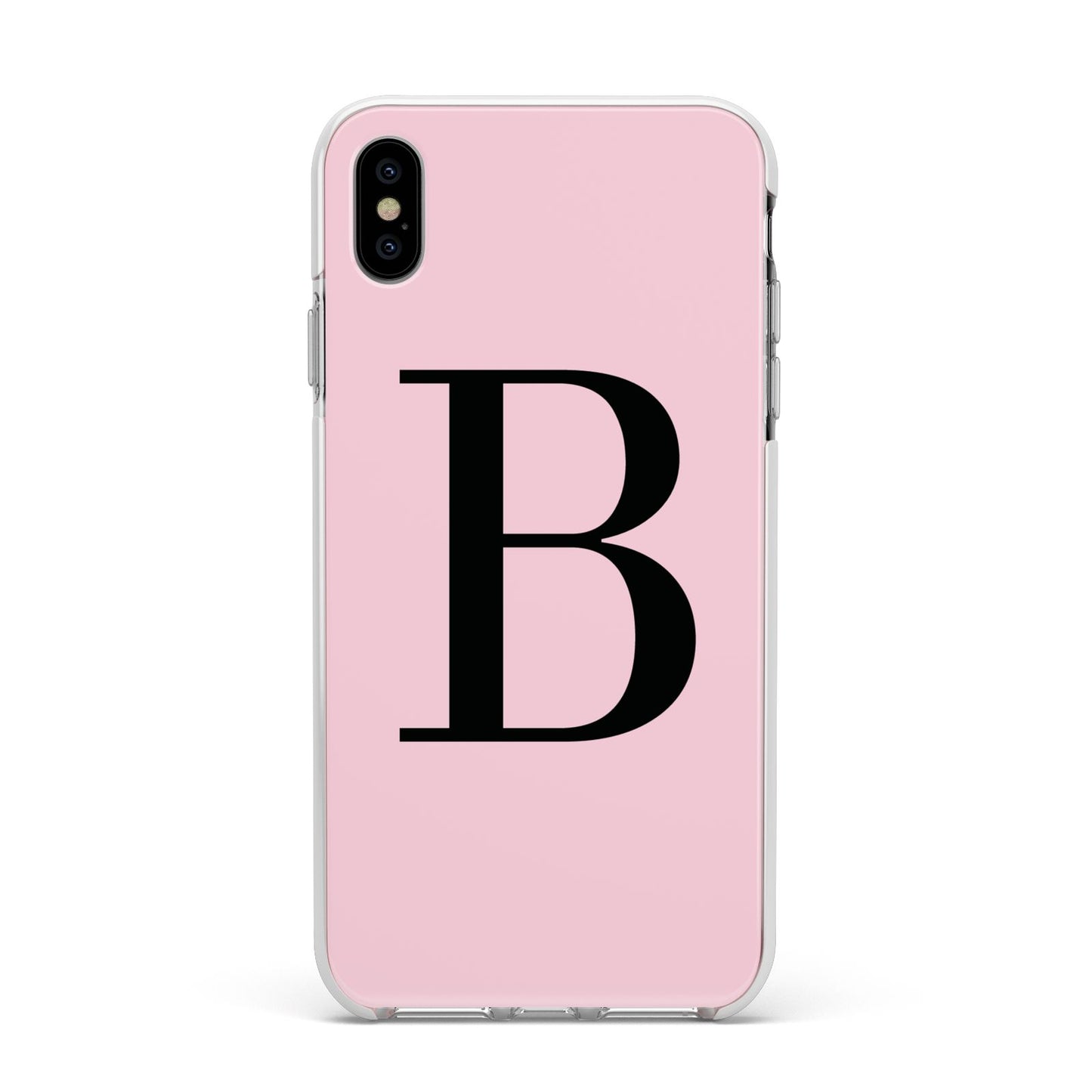 Personalised Pink Black Initial Apple iPhone Xs Max Impact Case White Edge on Silver Phone