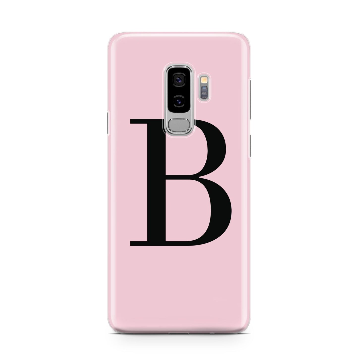 Personalised Pink Black Initial Samsung Galaxy S9 Plus Case on Silver phone