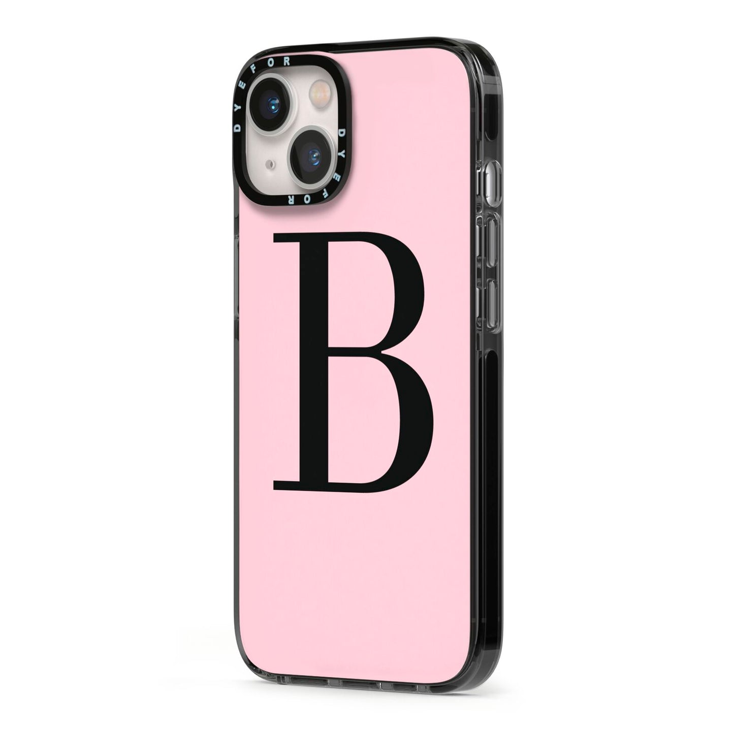 Personalised Pink Black Initial iPhone 13 Black Impact Case Side Angle on Silver phone