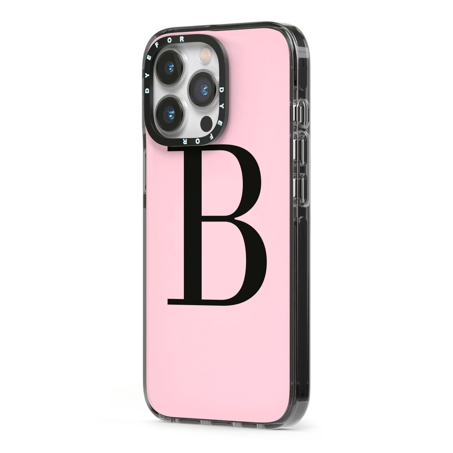 Personalised Pink Black Initial iPhone 13 Pro Black Impact Case Side Angle on Silver phone