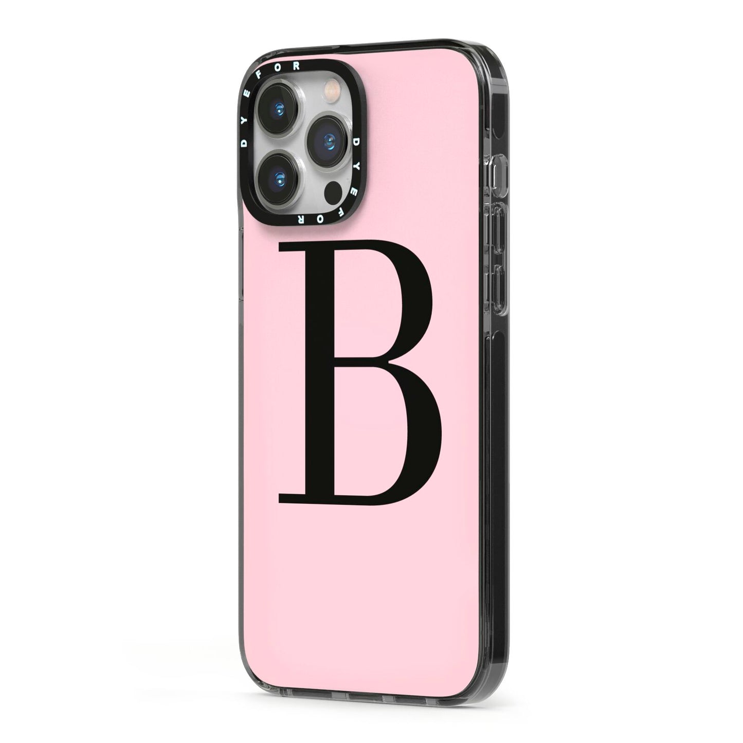 Personalised Pink Black Initial iPhone 13 Pro Max Black Impact Case Side Angle on Silver phone