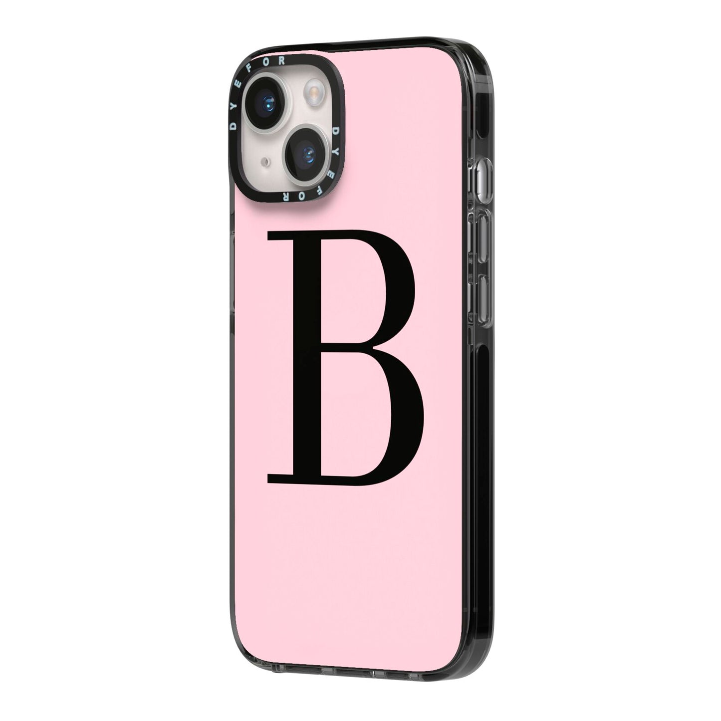 Personalised Pink Black Initial iPhone 14 Black Impact Case Side Angle on Silver phone