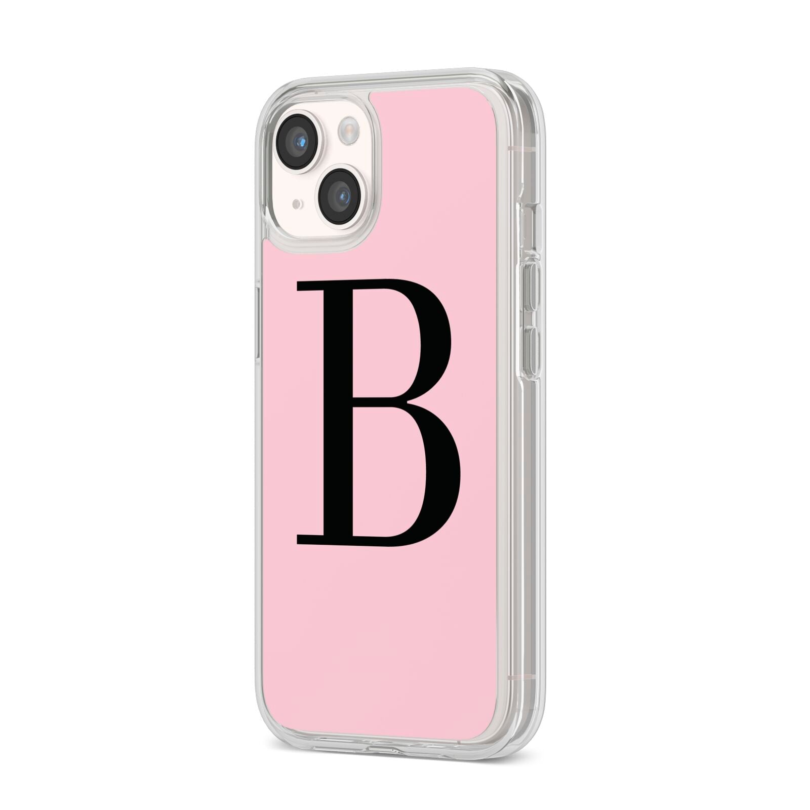 Personalised Pink Black Initial iPhone 14 Clear Tough Case Starlight Angled Image