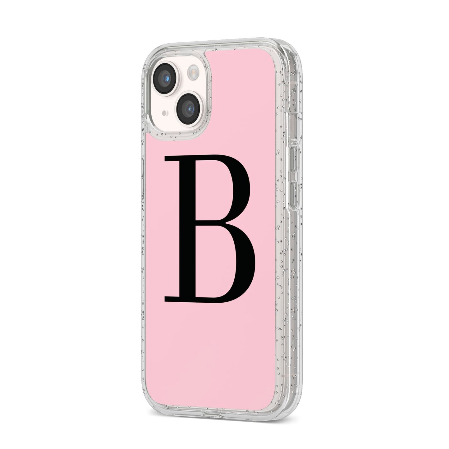 Personalised Pink Black Initial iPhone 14 Glitter Tough Case Starlight Angled Image