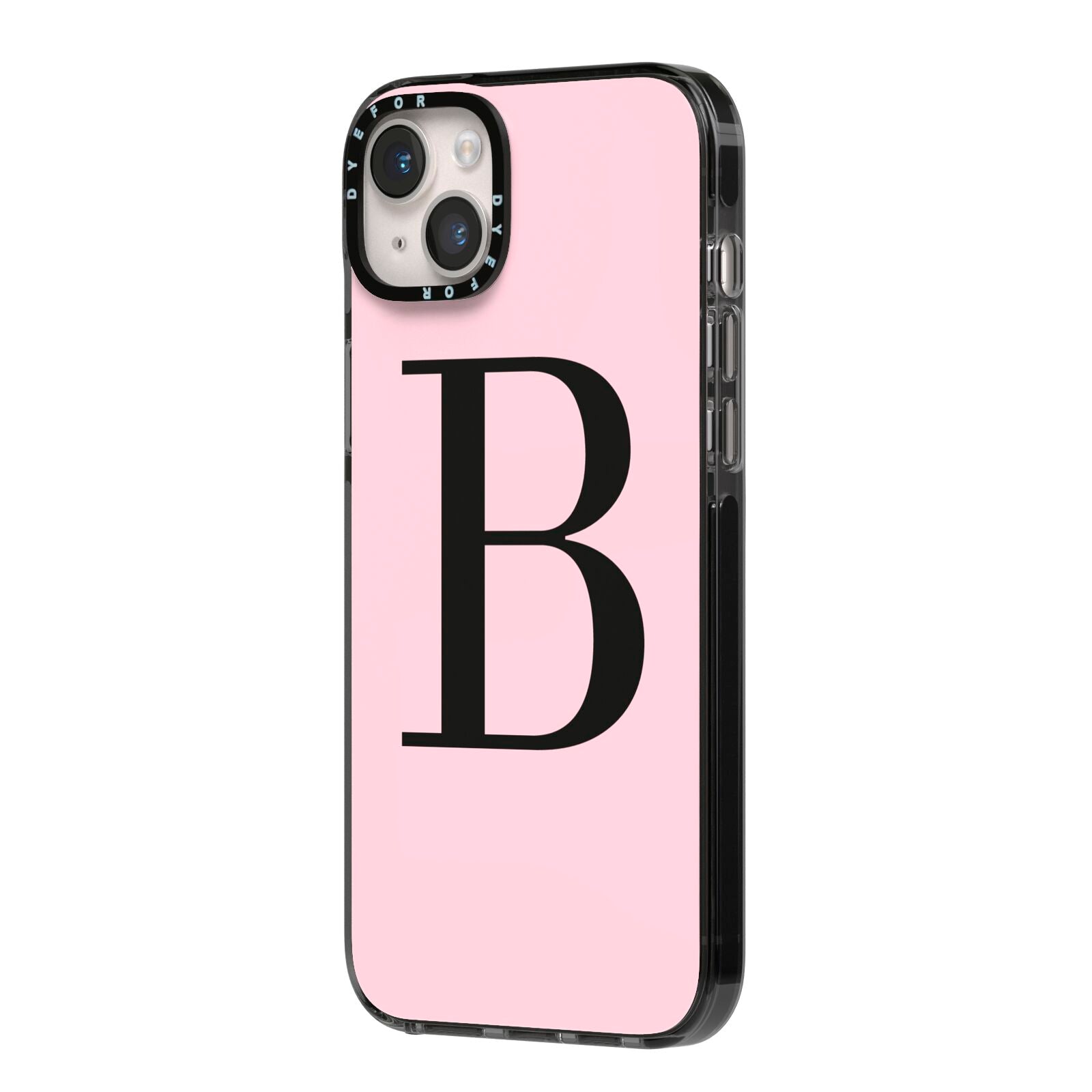 Personalised Pink Black Initial iPhone 14 Plus Black Impact Case Side Angle on Silver phone