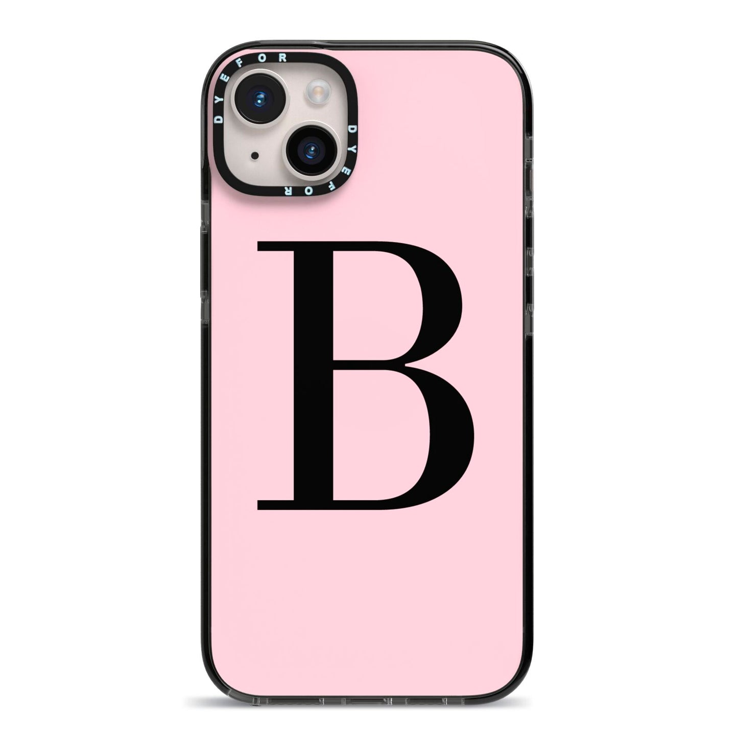 Personalised Pink Black Initial iPhone 14 Plus Black Impact Case on Silver phone