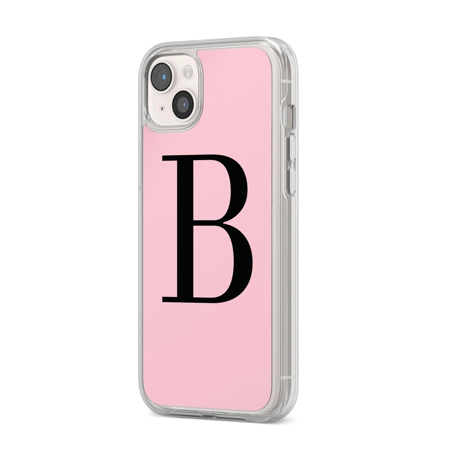 Personalised Pink Black Initial iPhone 14 Plus Clear Tough Case Starlight Angled Image