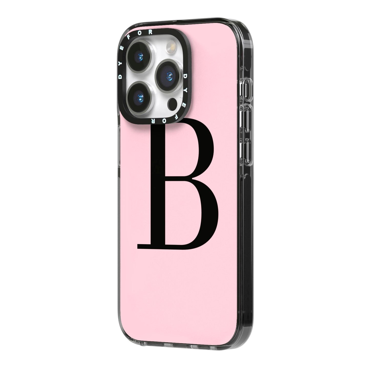 Personalised Pink Black Initial iPhone 14 Pro Black Impact Case Side Angle on Silver phone