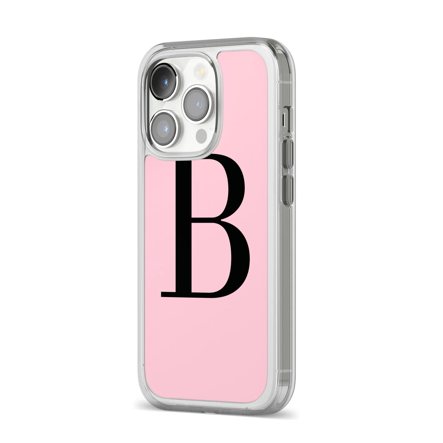 Personalised Pink Black Initial iPhone 14 Pro Clear Tough Case Silver Angled Image