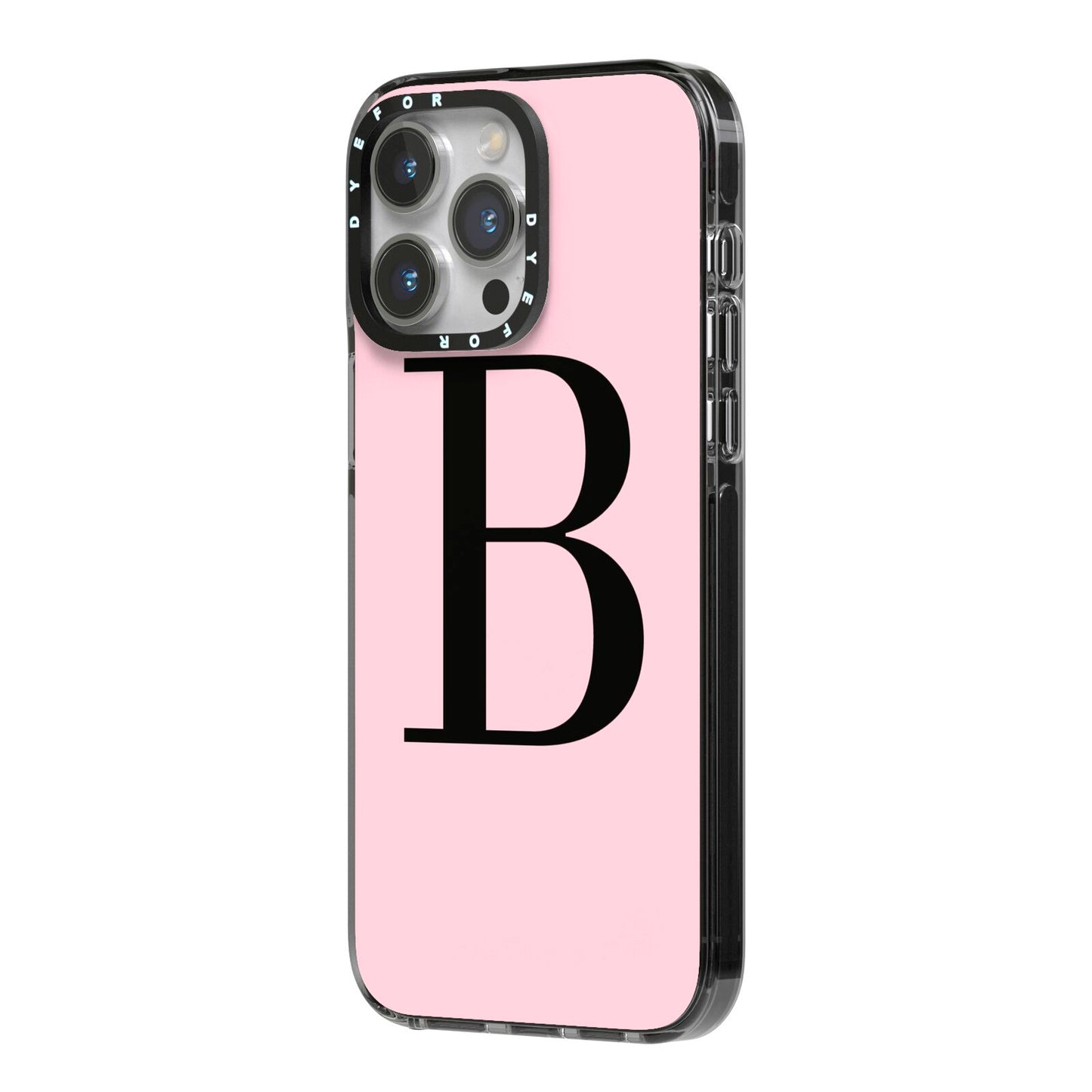 Personalised Pink Black Initial iPhone 14 Pro Max Black Impact Case Side Angle on Silver phone