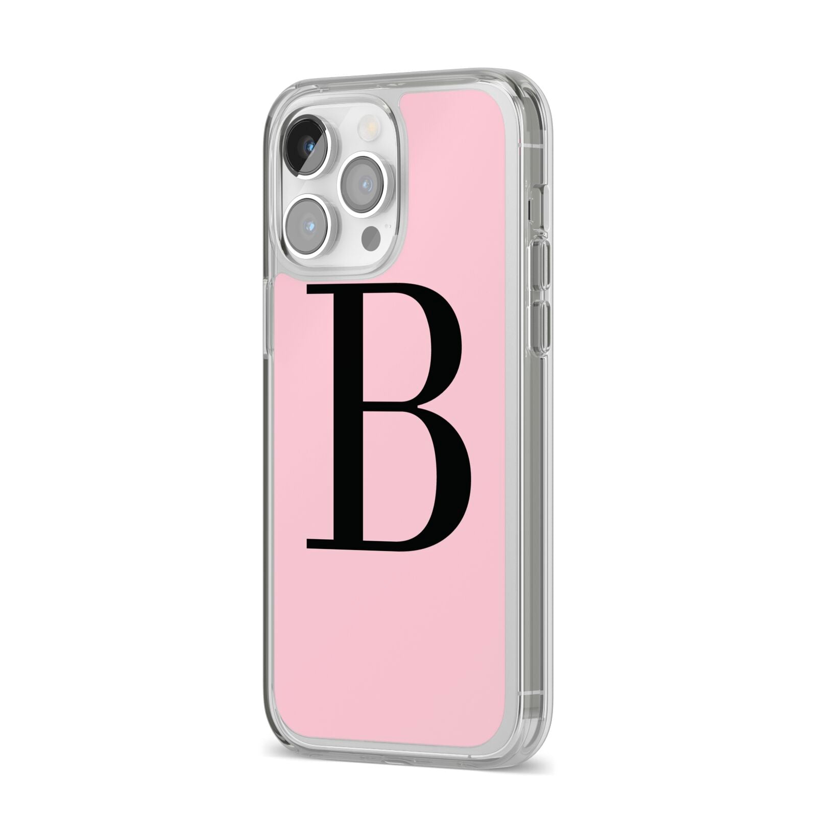 Personalised Pink Black Initial iPhone 14 Pro Max Clear Tough Case Silver Angled Image