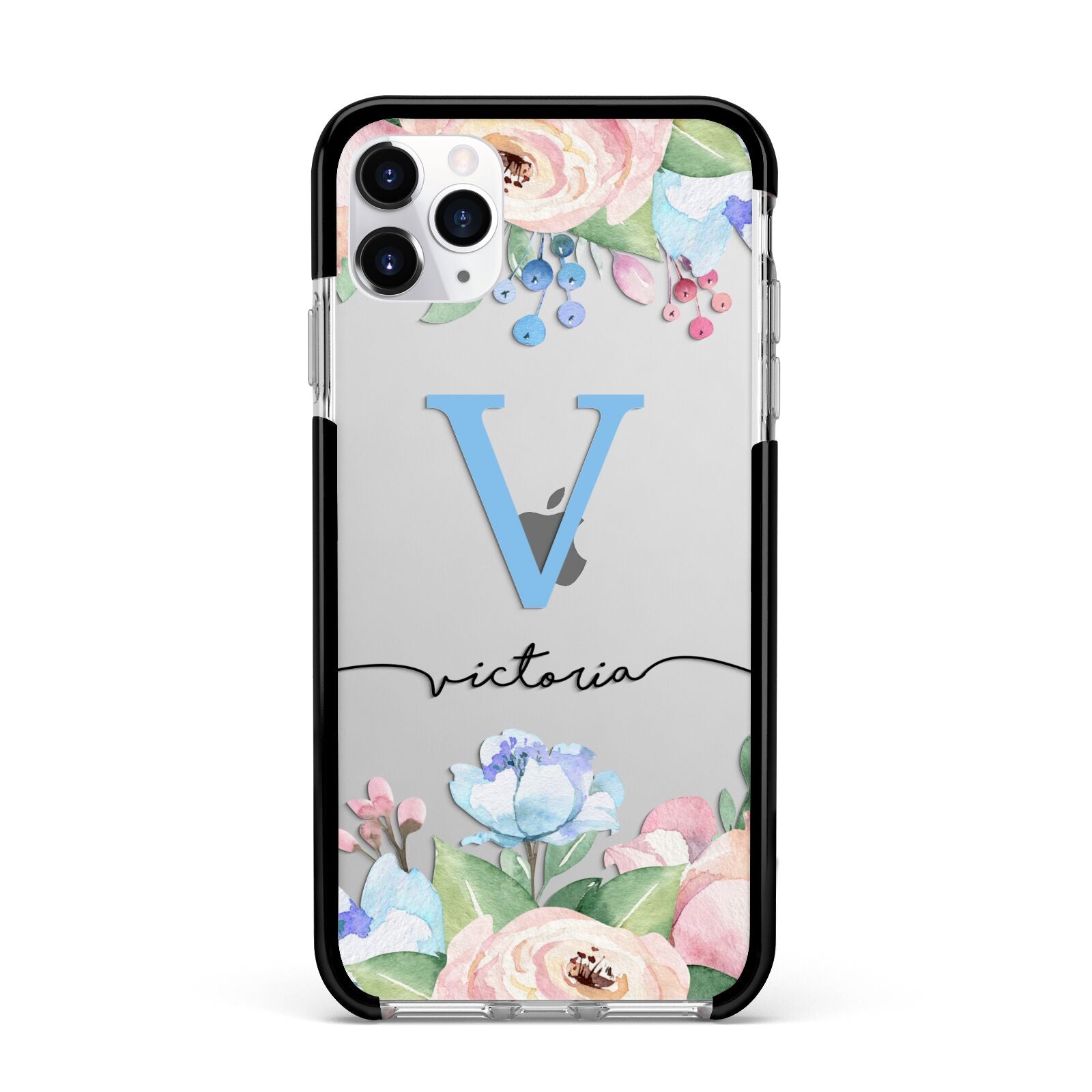 Personalised Pink Blue Flowers Apple iPhone 11 Pro Max in Silver with Black Impact Case