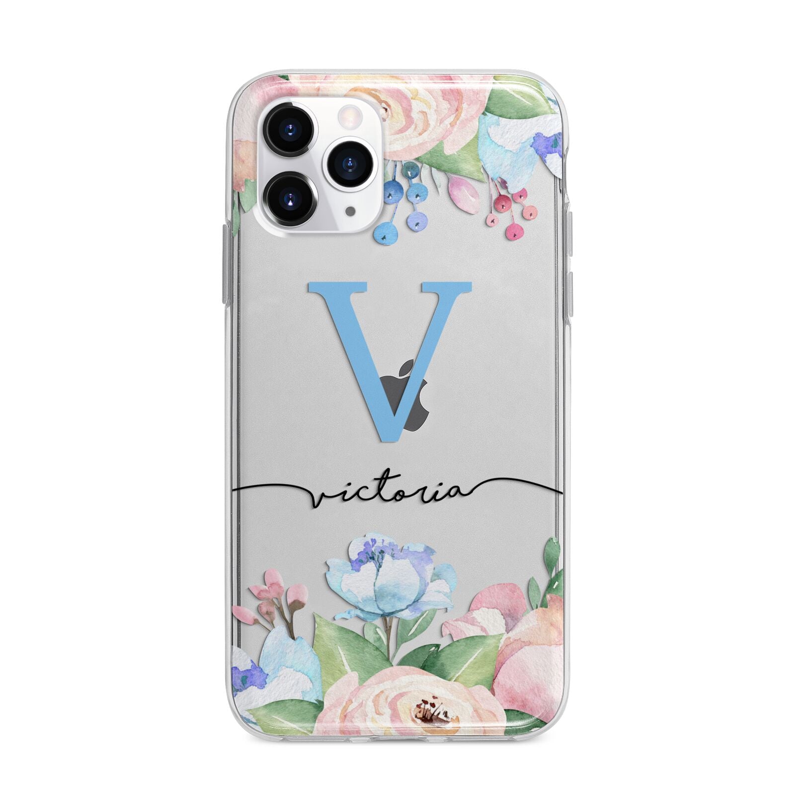 Personalised Pink Blue Flowers Apple iPhone 11 Pro Max in Silver with Bumper Case