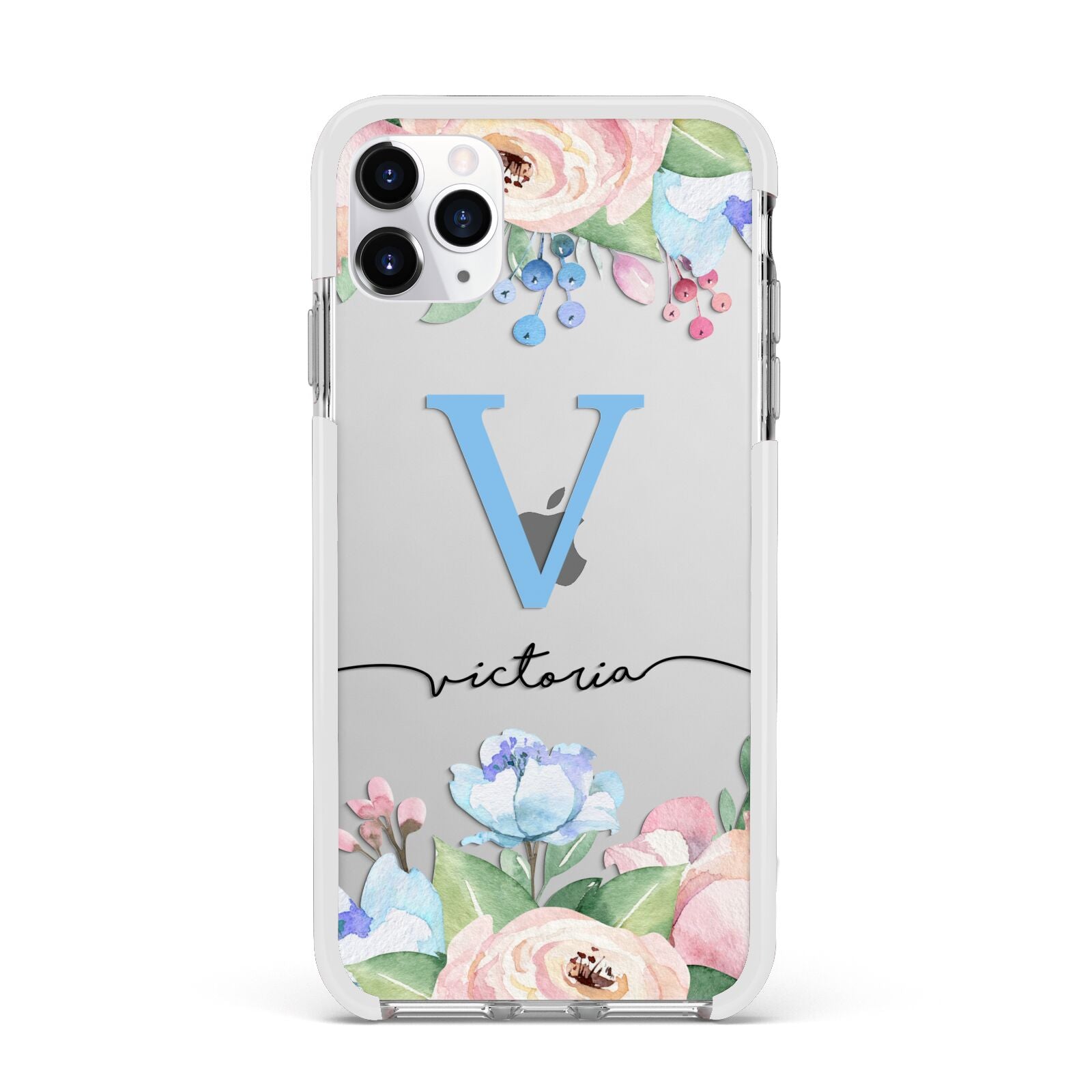 Personalised Pink Blue Flowers Apple iPhone 11 Pro Max in Silver with White Impact Case