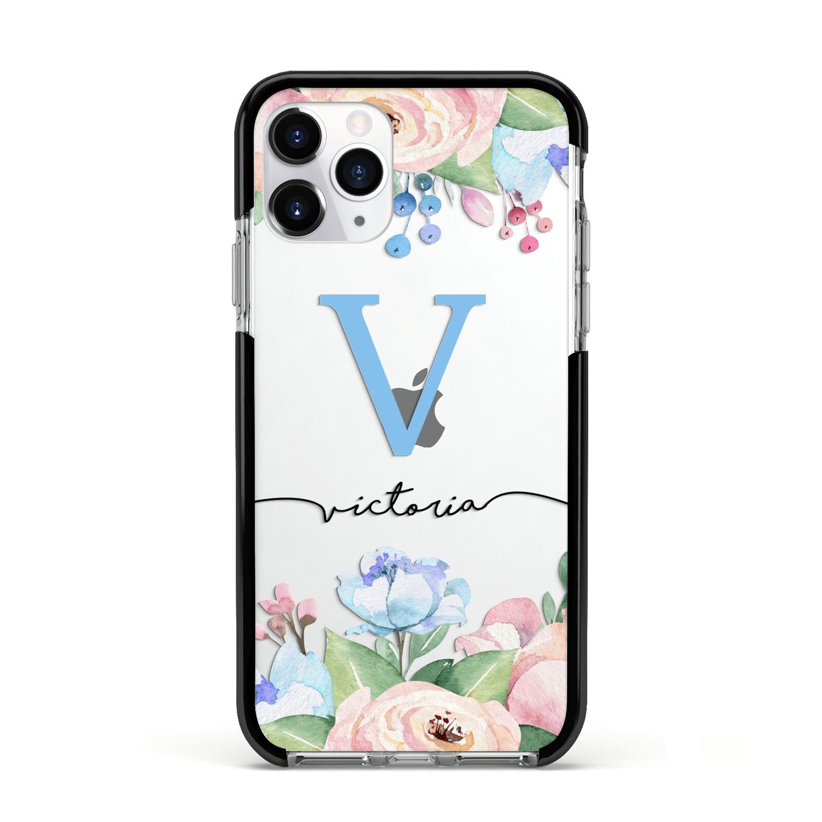 Personalised Pink Blue Flowers Apple iPhone 11 Pro in Silver with Black Impact Case