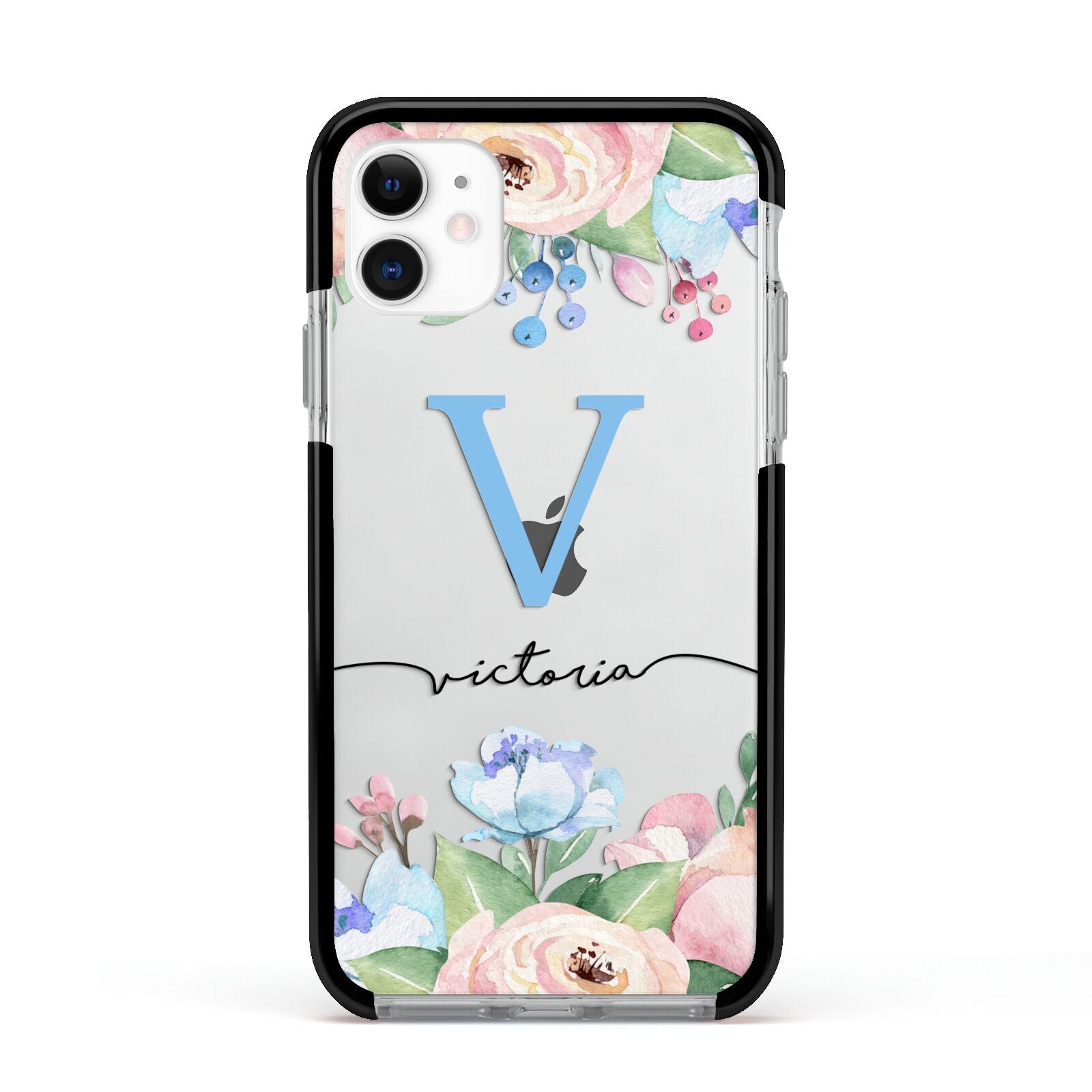 Personalised Pink Blue Flowers Apple iPhone 11 in White with Black Impact Case