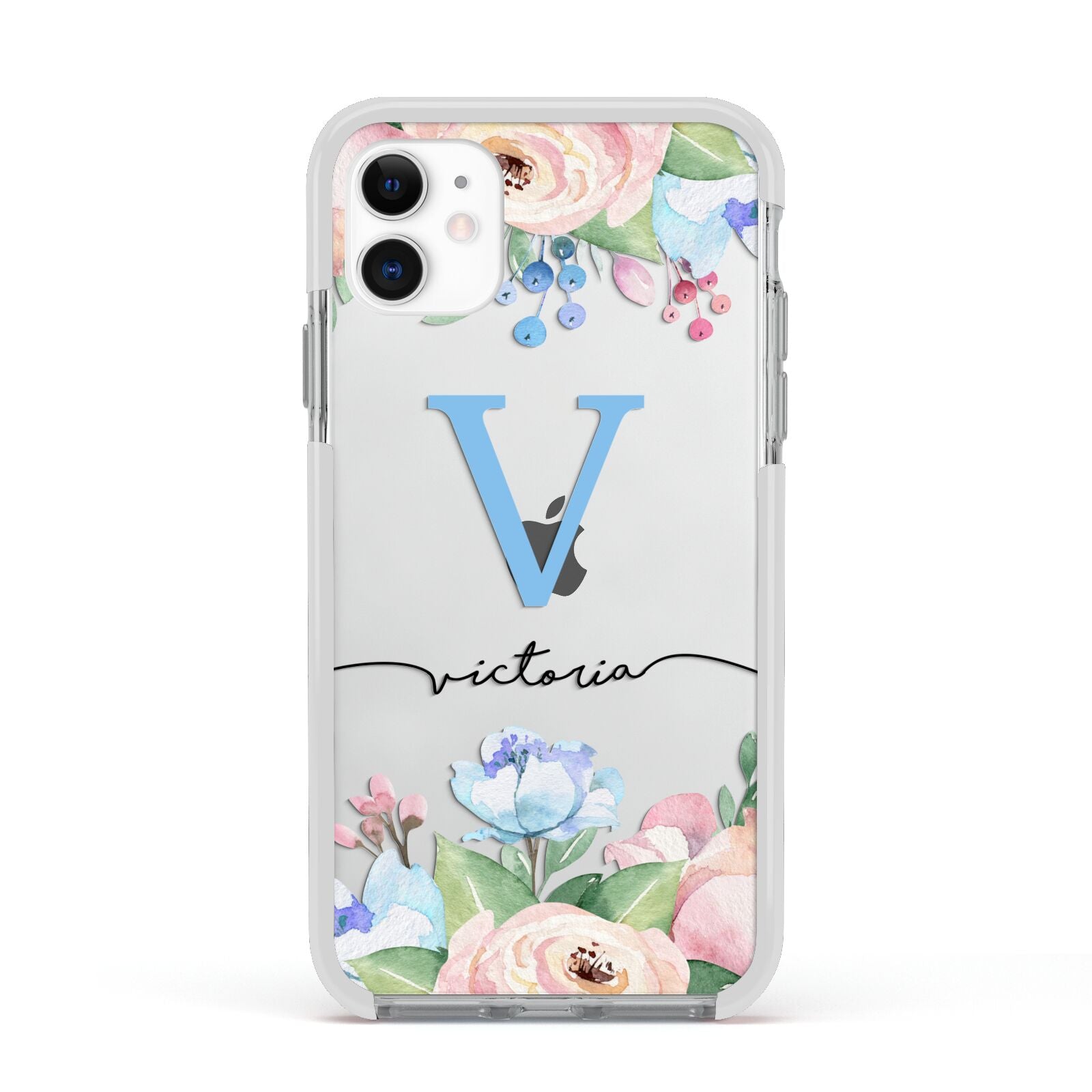 Personalised Pink Blue Flowers Apple iPhone 11 in White with White Impact Case