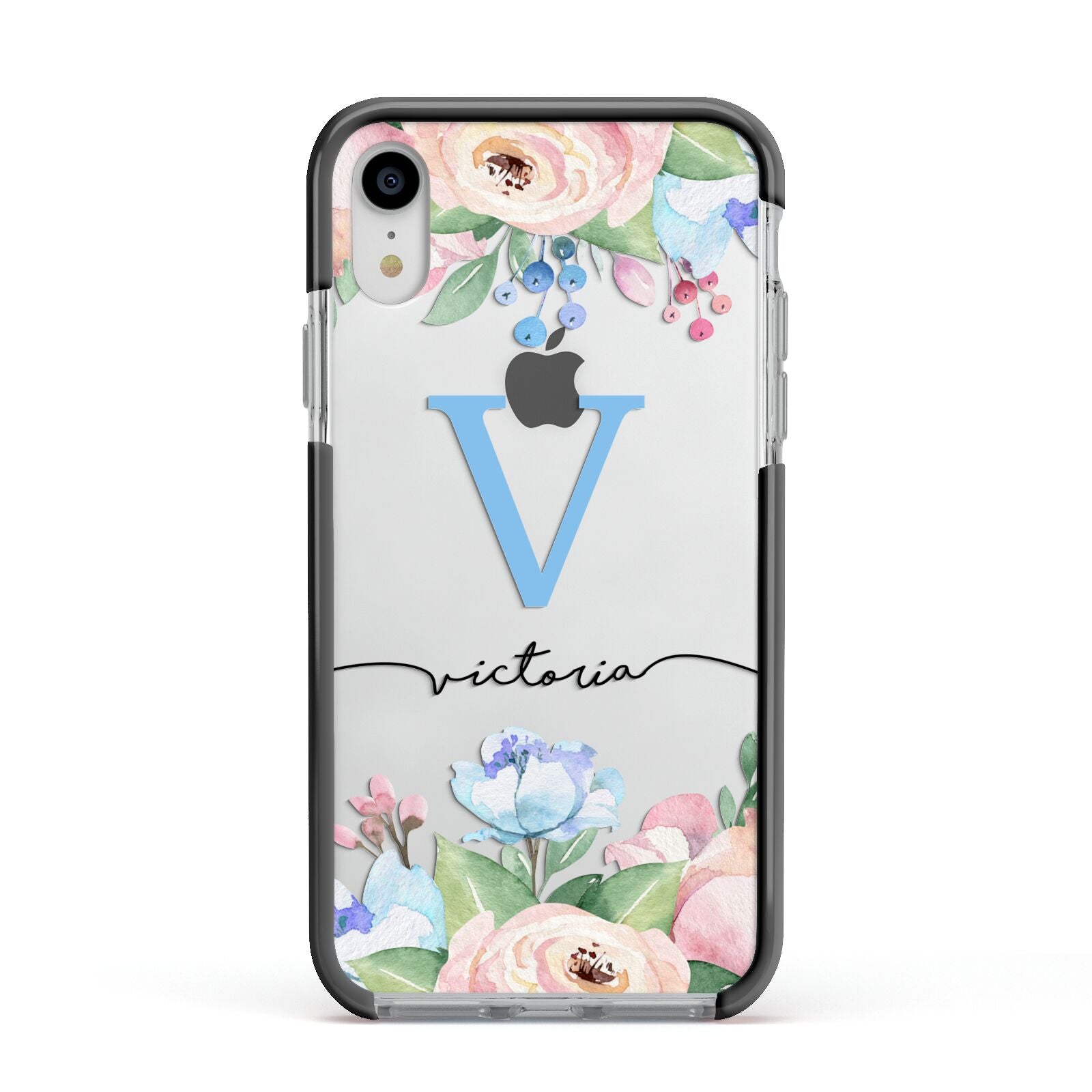 Personalised Pink Blue Flowers Apple iPhone XR Impact Case Black Edge on Silver Phone