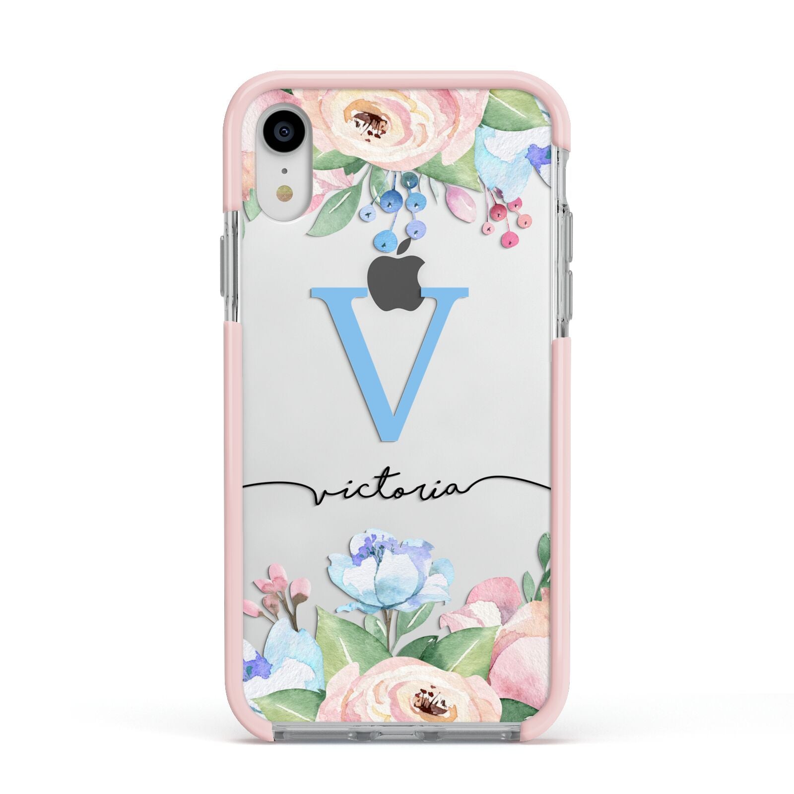 Personalised Pink Blue Flowers Apple iPhone XR Impact Case Pink Edge on Silver Phone