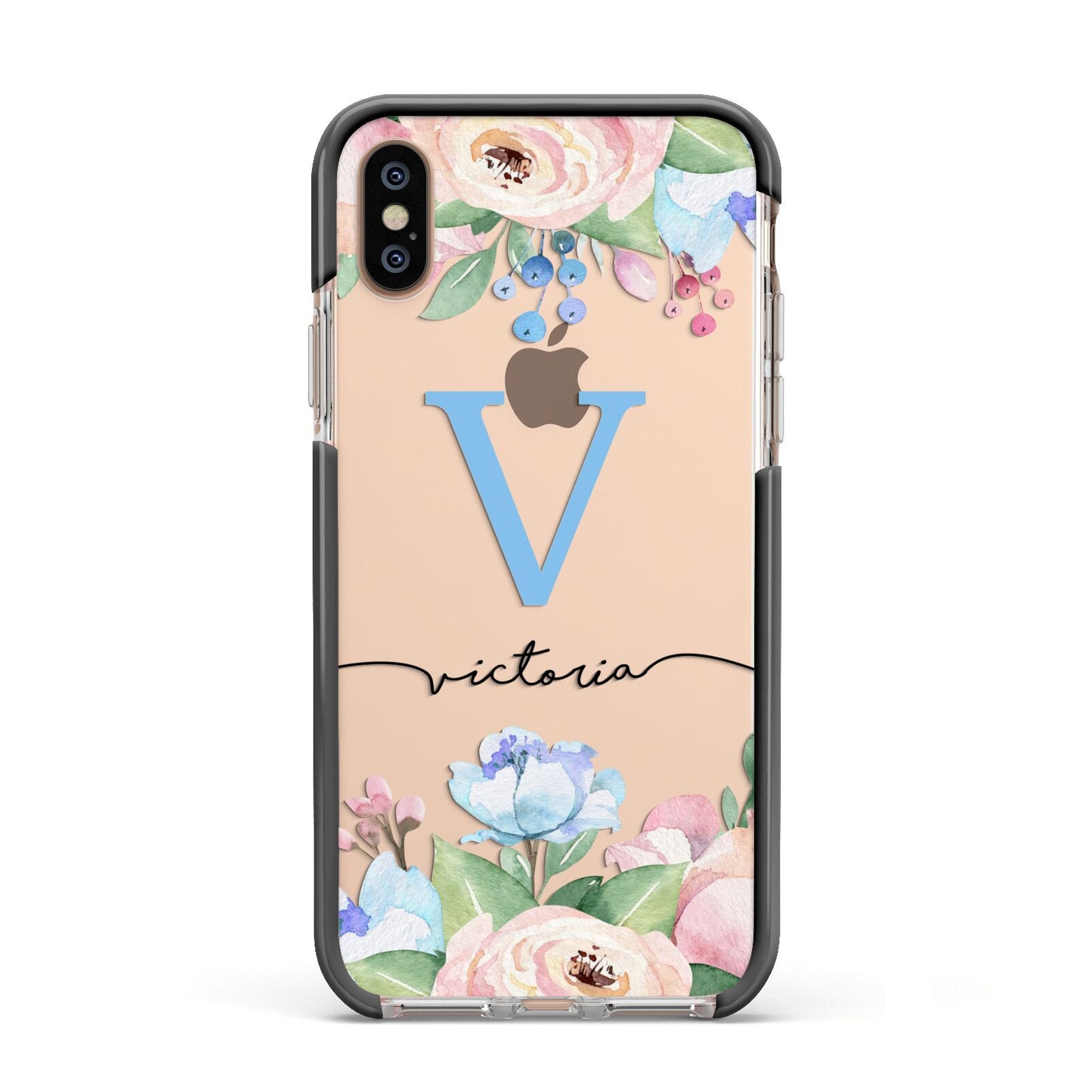 Personalised Pink Blue Flowers Apple iPhone Xs Impact Case Black Edge on Gold Phone