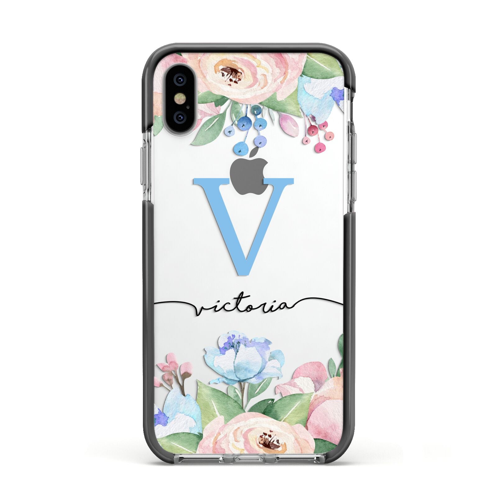 Personalised Pink Blue Flowers Apple iPhone Xs Impact Case Black Edge on Silver Phone