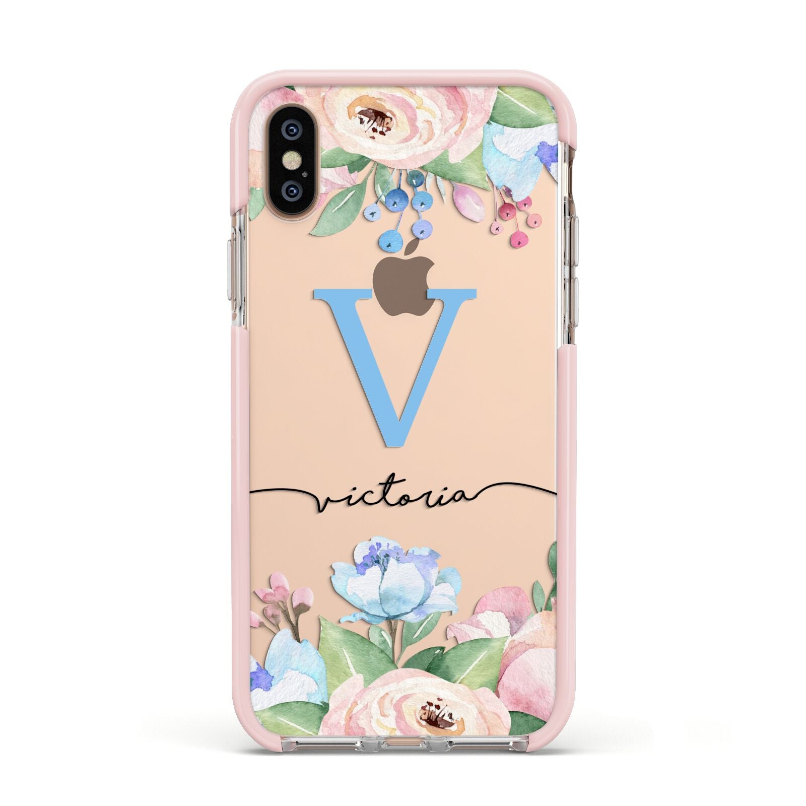 Personalised Pink Blue Flowers Apple iPhone Xs Impact Case Pink Edge on Gold Phone
