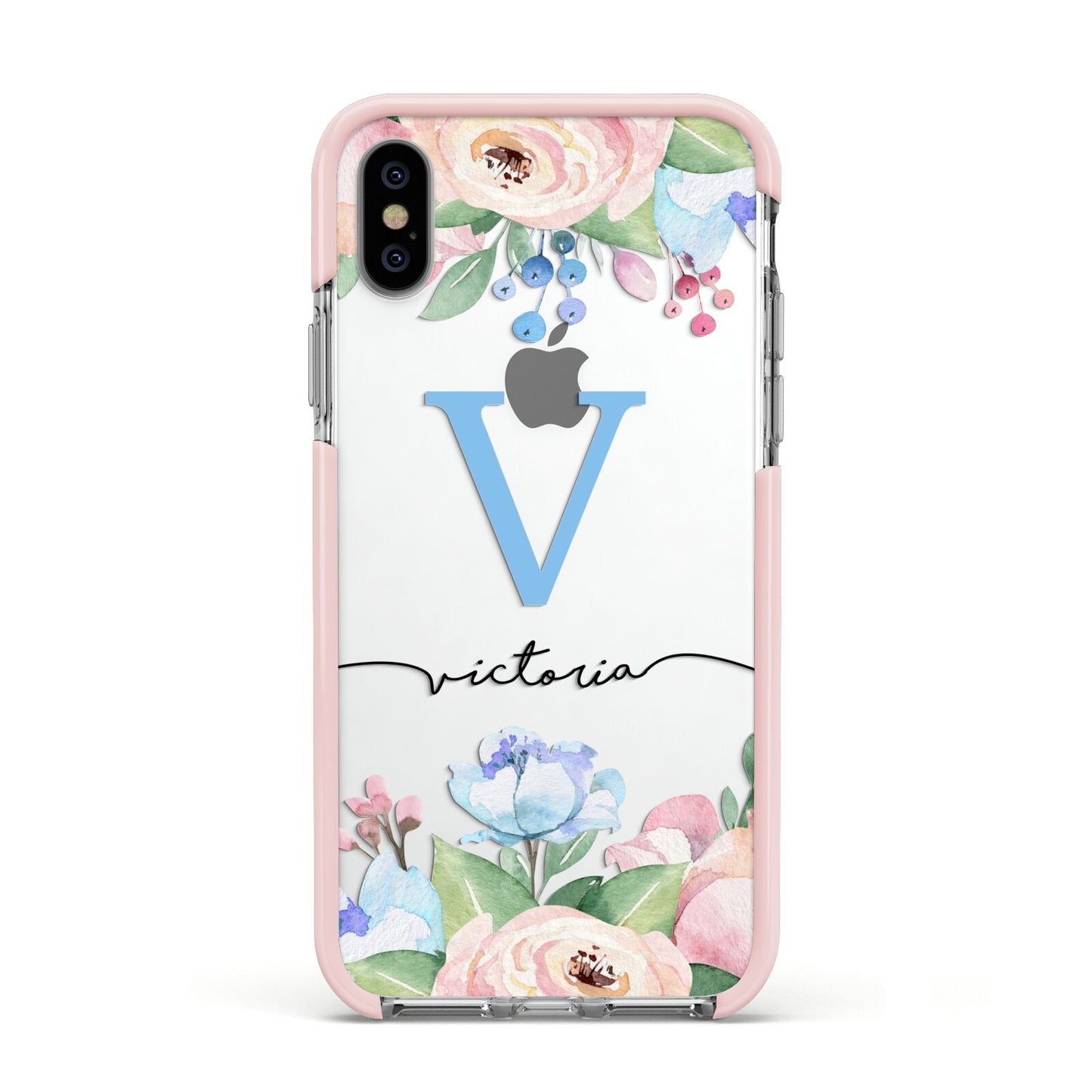Personalised Pink Blue Flowers Apple iPhone Xs Impact Case Pink Edge on Silver Phone