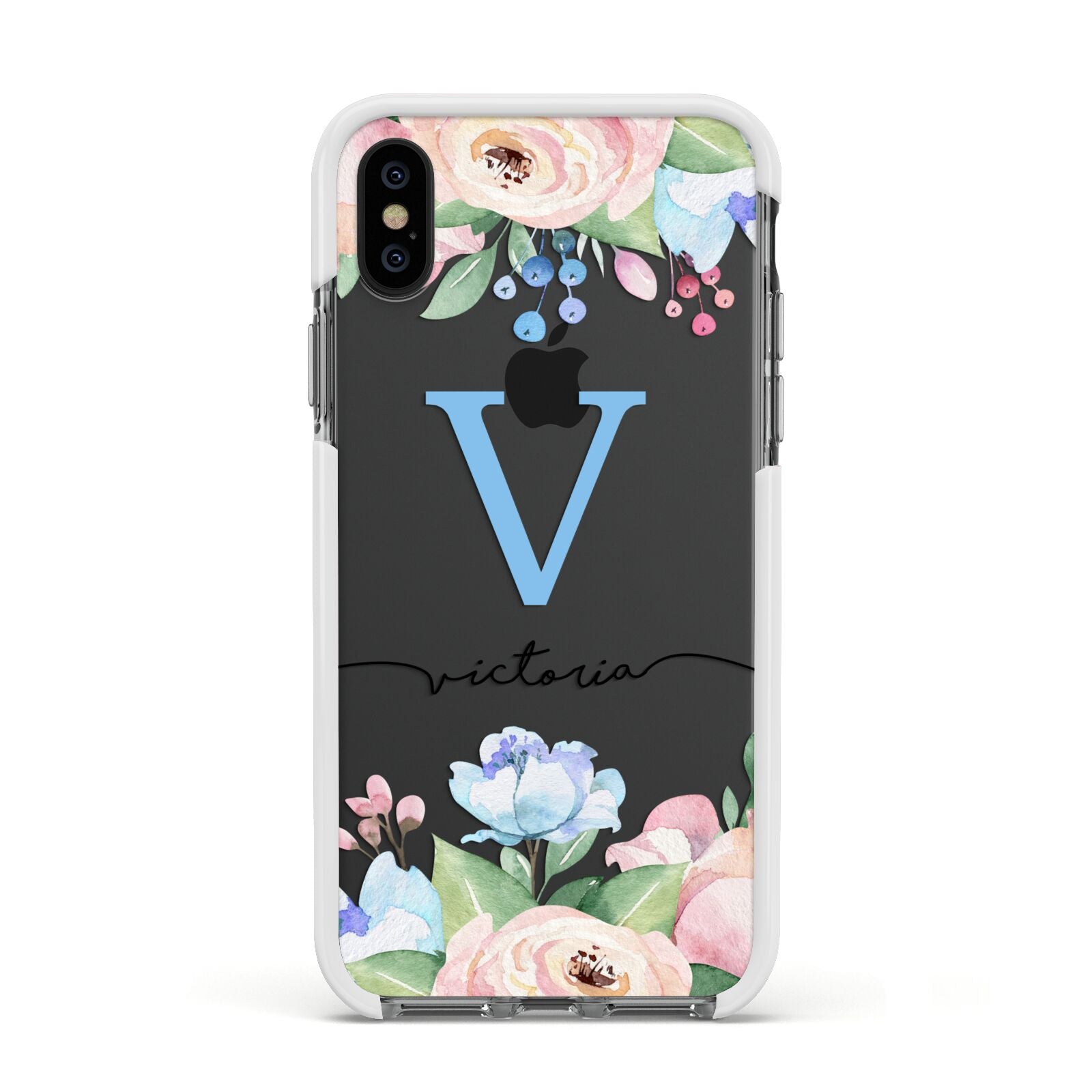 Personalised Pink Blue Flowers Apple iPhone Xs Impact Case White Edge on Black Phone