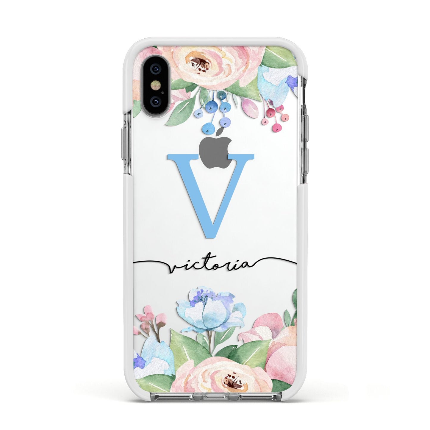 Personalised Pink Blue Flowers Apple iPhone Xs Impact Case White Edge on Silver Phone