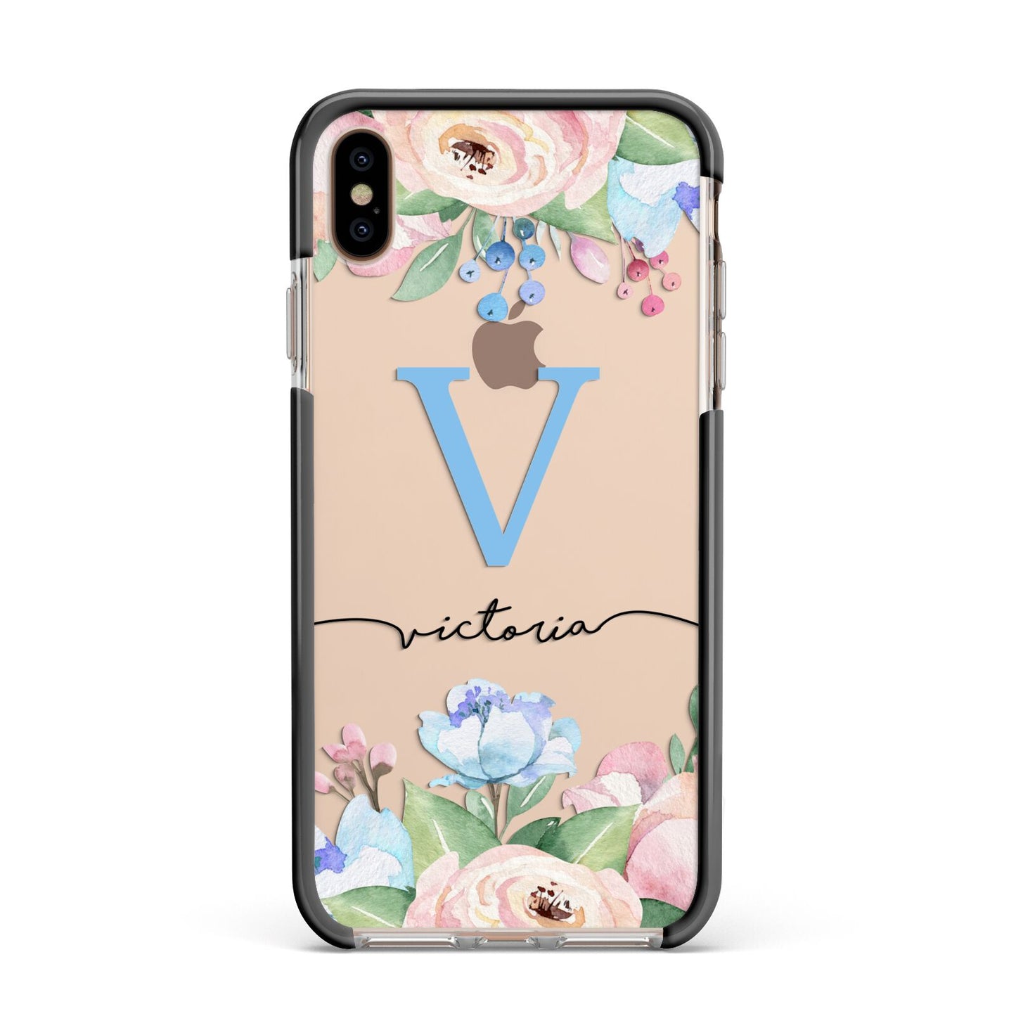 Personalised Pink Blue Flowers Apple iPhone Xs Max Impact Case Black Edge on Gold Phone