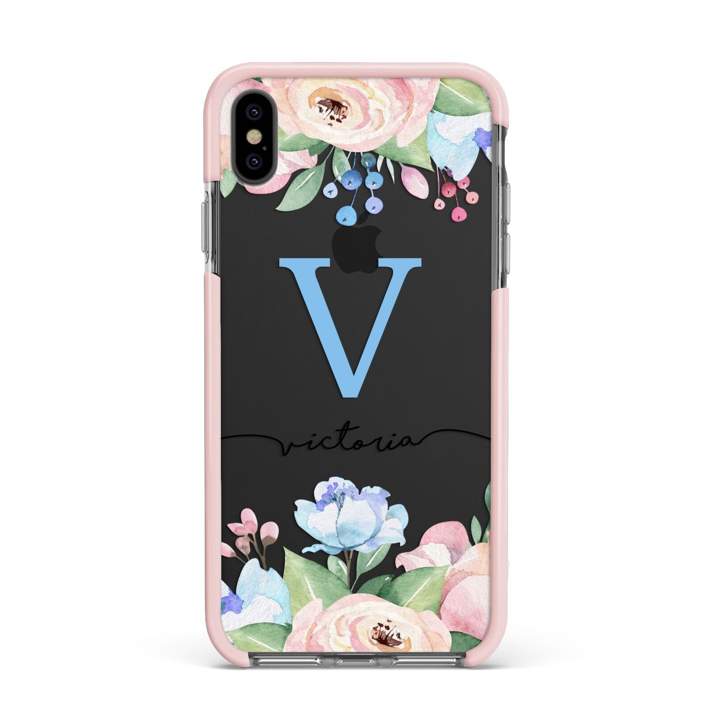 Personalised Pink Blue Flowers Apple iPhone Xs Max Impact Case Pink Edge on Black Phone