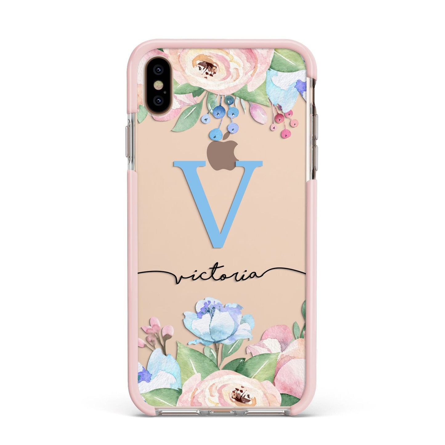 Personalised Pink Blue Flowers Apple iPhone Xs Max Impact Case Pink Edge on Gold Phone