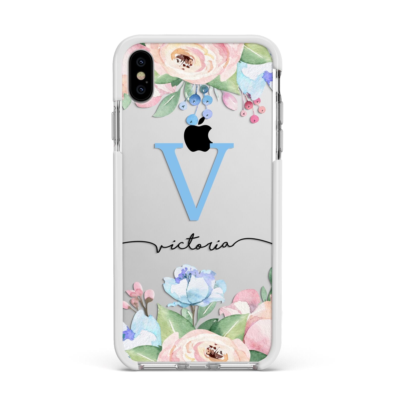 Personalised Pink Blue Flowers Apple iPhone Xs Max Impact Case White Edge on Silver Phone