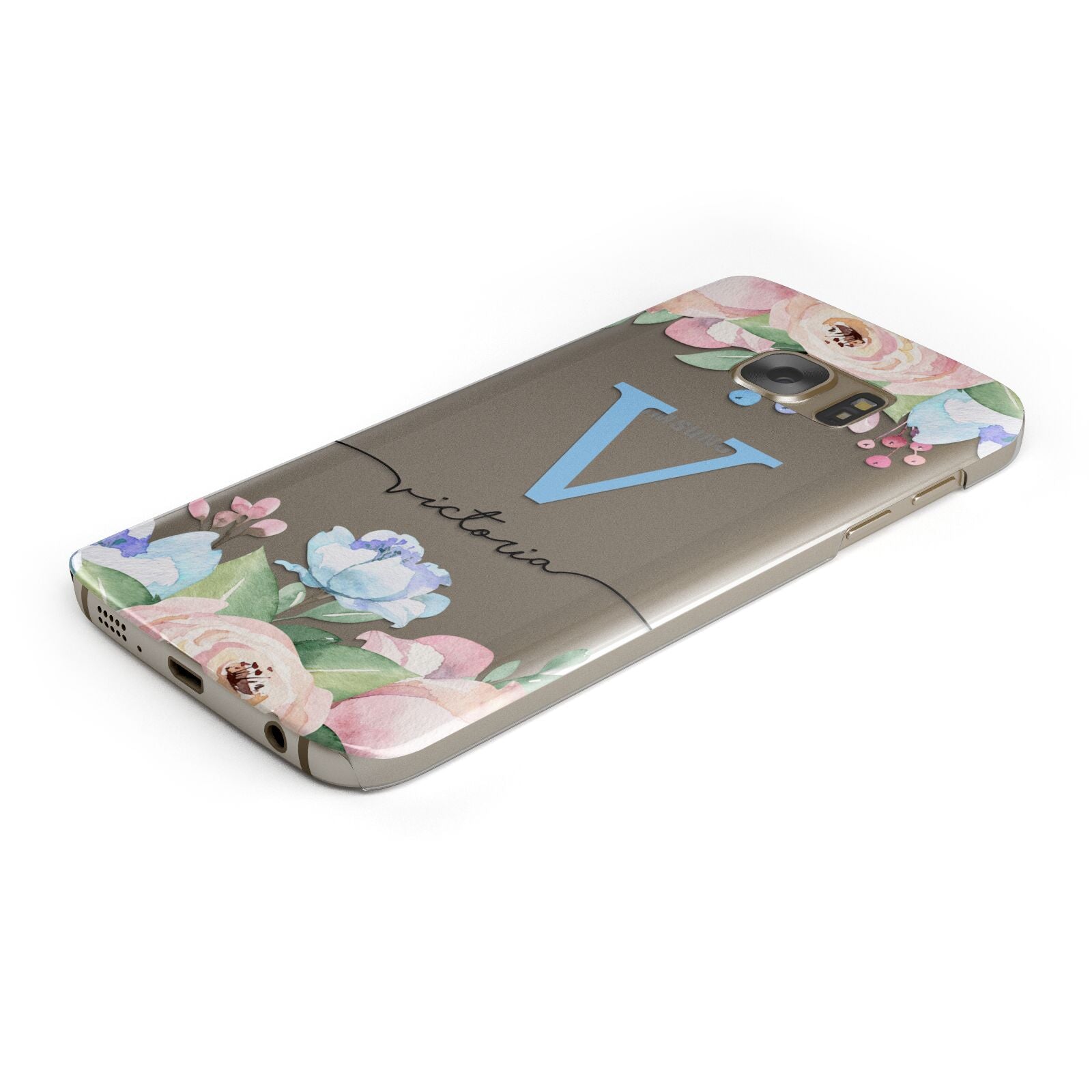 Personalised Pink Blue Flowers Protective Samsung Galaxy Case Angled Image