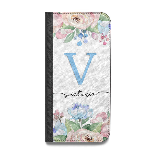 Personalised Pink Blue Flowers Vegan Leather Flip iPhone Case